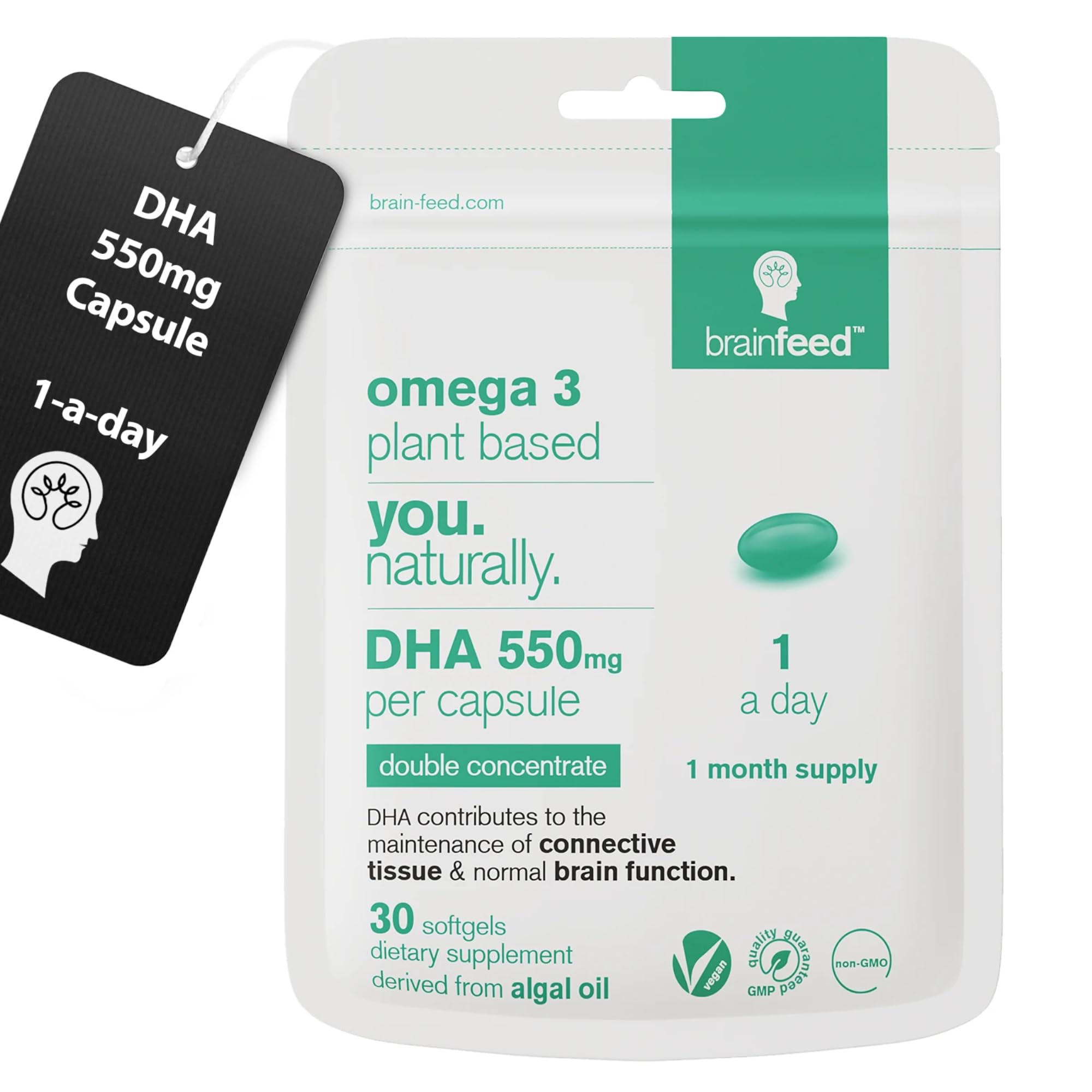 Omega 3 DHA 550mg Per Capsule for Brain & Eye Health (30) | 1-A-Day | Vegan Omega 3 Algae Oil | High DHA Supplements | Double Concentrated Algae Omega 3 Vegan DHA | 1 Month Supply