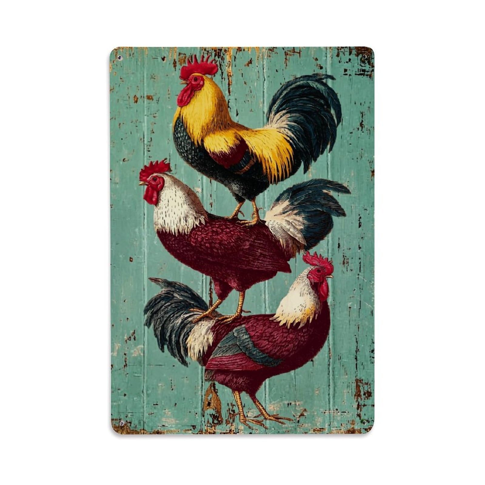 Nestemfo Vintage Stacked Roosters On Teal Wood Tin Sign Metal Sign, Living Room,Bar, Home, Bedroom Wall Decor,Retro Metal Poster 8X12 Inches