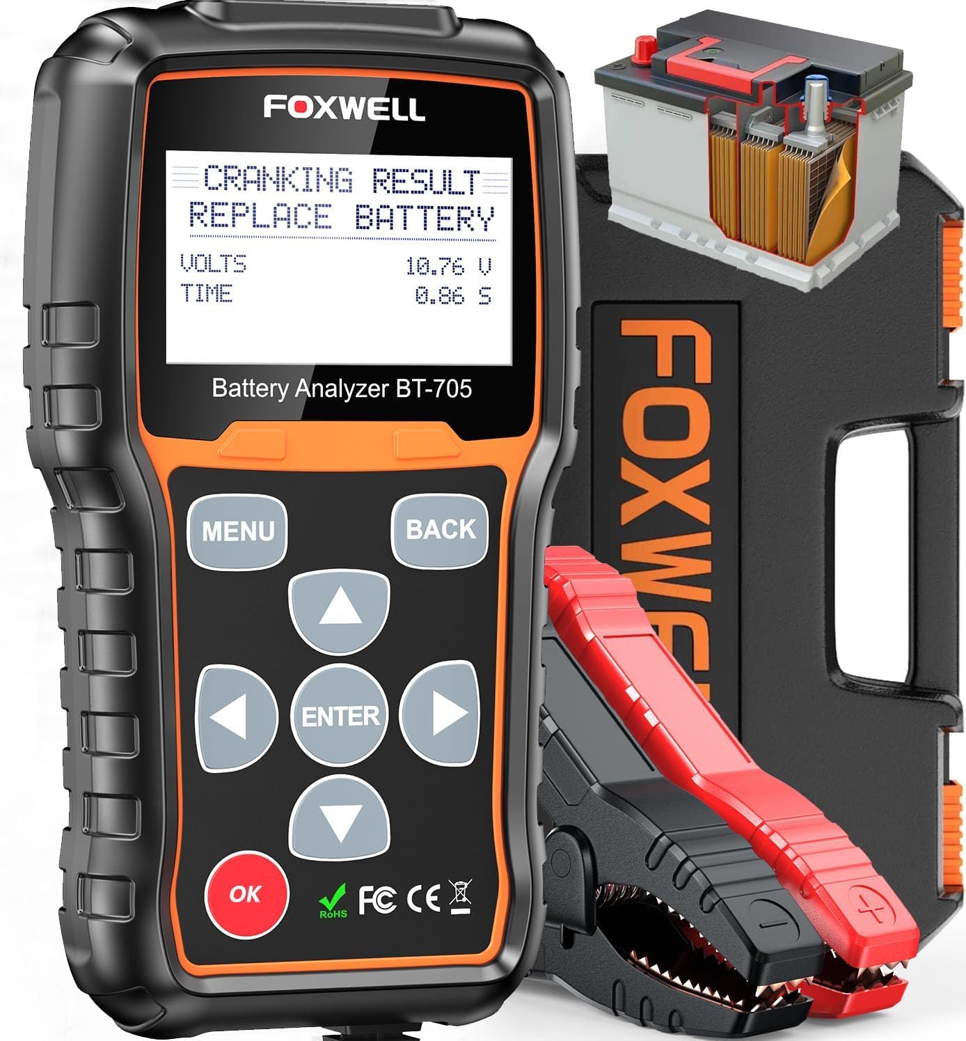 FOXWELL BT705 Batterietester 12V 24V, KFZ Autobatterie Tester 100-2000CCA Lasttester, Car Batterie Tester auto Lade-Anlasser-System Autoatterie Analysator für Auto, SUV, Motorrad, LKW, Marine.