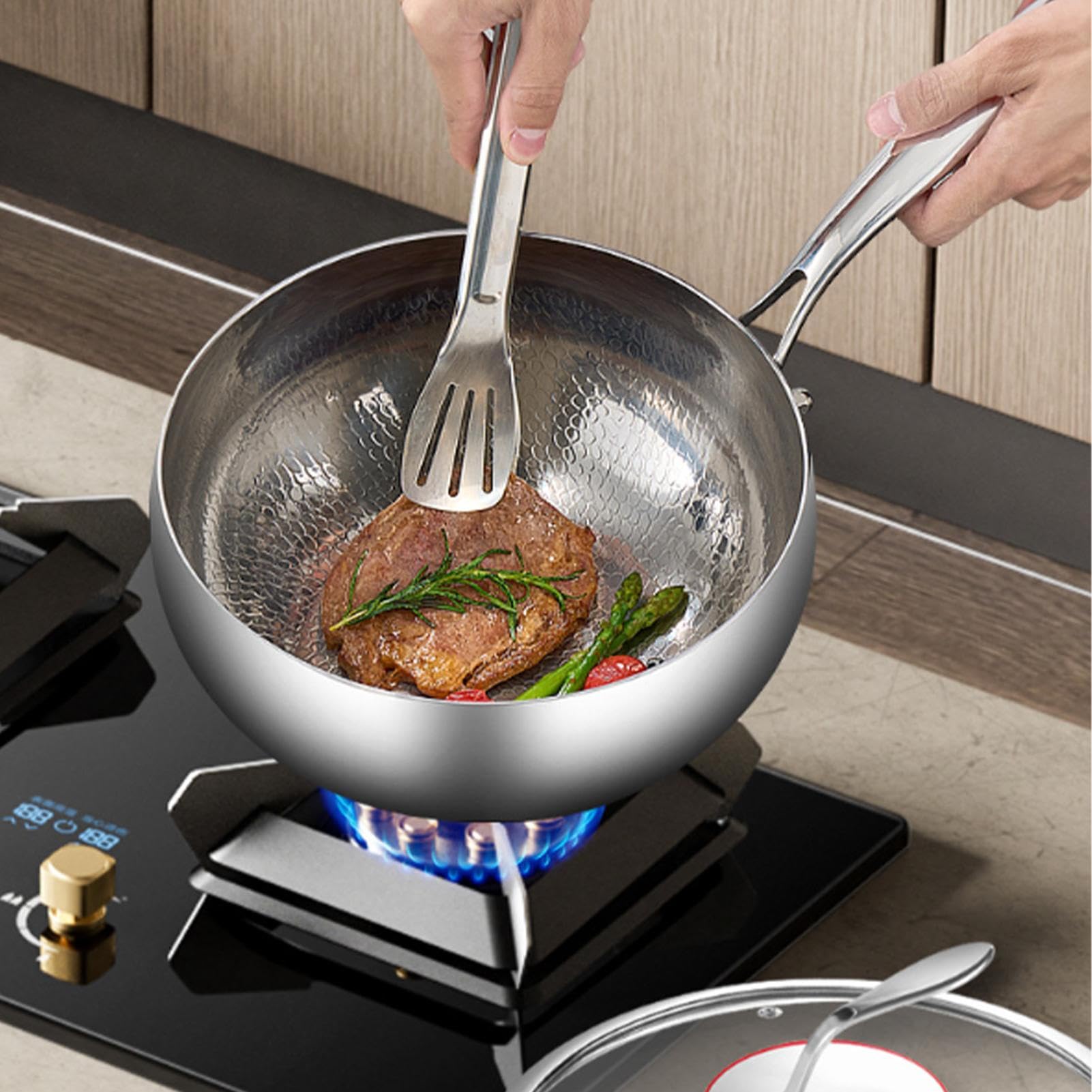 Patelnia do stir-fry Nieprzywierająca, Tytanowa Powłoka Nieprzywierająca, | Głęboka Patelnia Z Pokrywką Do Domu, Restauracji, na Kemping, Stir-Fry, Zup, Duszen