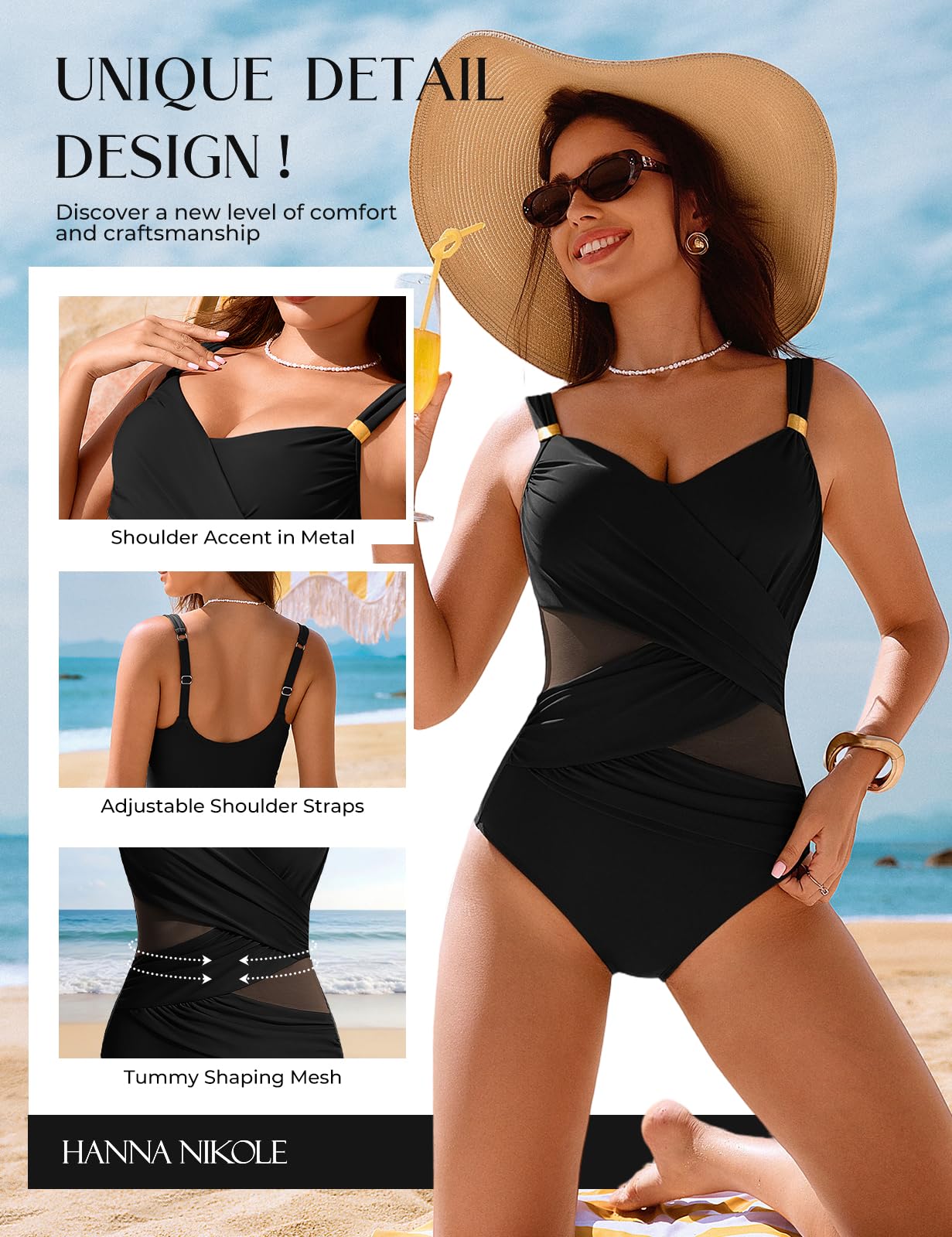 Hanna Nikole Damen Badeanzug Bauchweg,Push up Schwimmanzug Swimsuits Sexy Sheer Mesh Einteiler Bademode,Schlankheits Raffung V-Ausschnitt Monokini