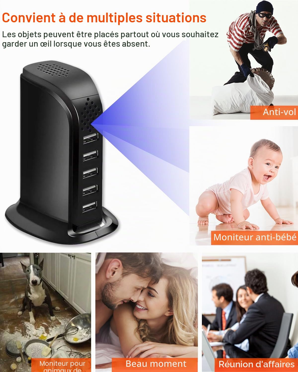 Caméra Espion cachée, HD 1080p WiFi avec Chargeur USB 5 Ports Prise sans Fil Mini caméra Espion pour Surveillance à Domicile avec détection de Mouvement Vue à Distance