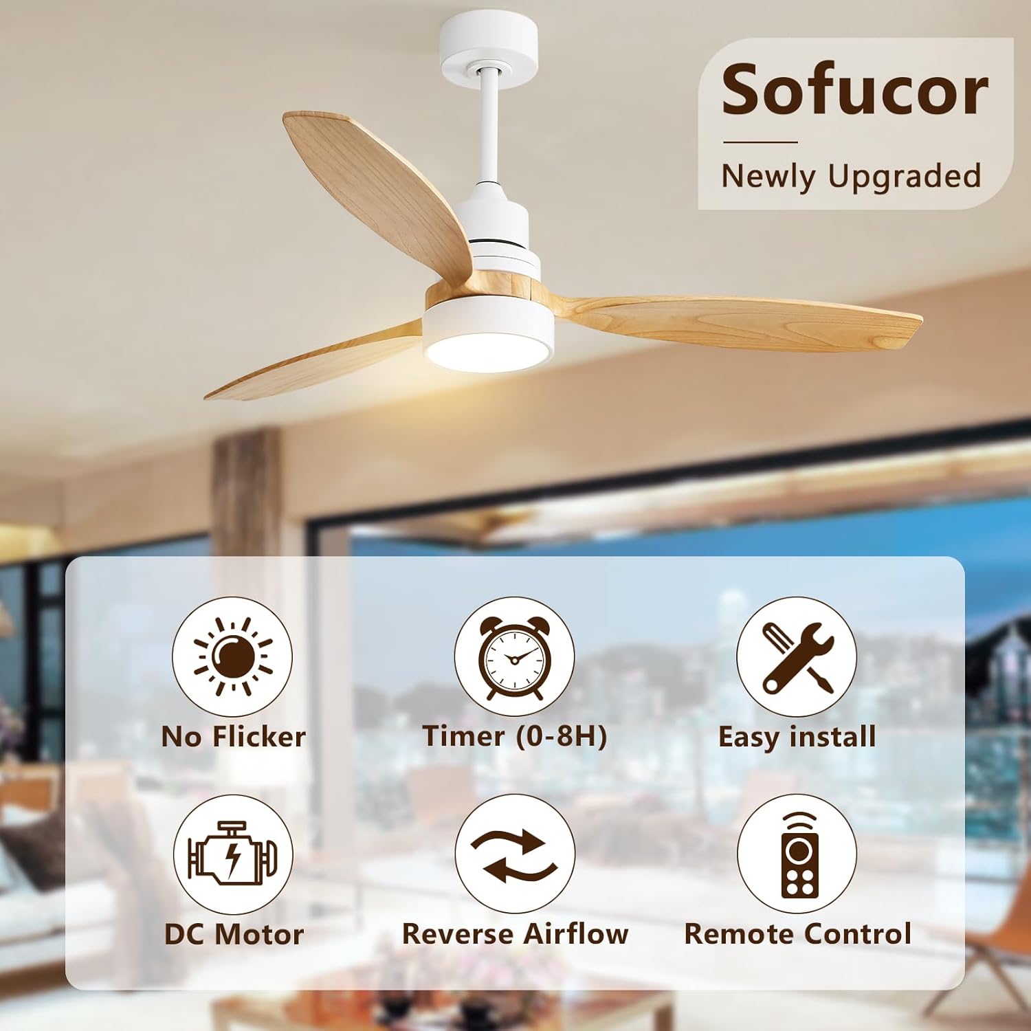 Sofucor 52 Inch Ceiling Fans with Lights, Solid Wood Indoor/Outdoor Ceiling Fan with Light Remote Control, Reversible DC Motor, 3CCT LED, 3 Blade Modern Ceiling Fans for Bedroom Farmhouse Patio