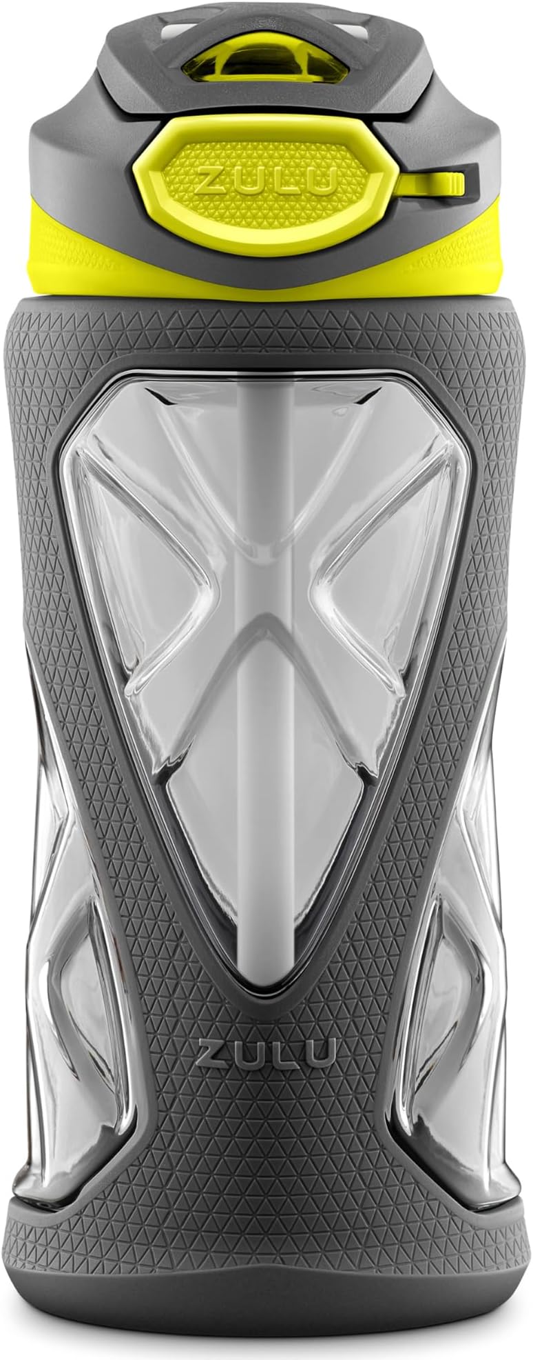 ZULU Torque 16oz Plastic Kids Water Bottle with Silicone Sleeve and Leak-Proof Locking Flip Lid, Soft Touch Carry Loop for School Backpack, Lunchbox, BPA-Free Dishwasher Safe, Grey/ Green