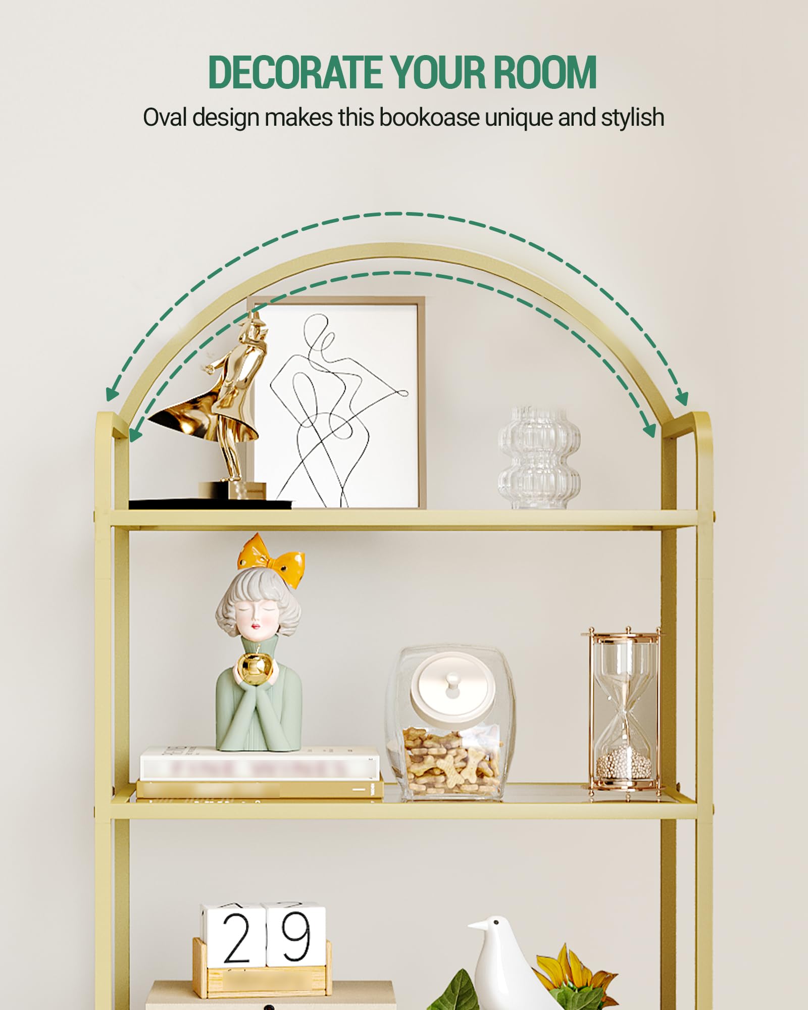 Hzuaneri Regal, Bücherregal aus gehärtetem Glas, schlankes Regal für Schlafzimmer, Badezimmer, Heimbüro, Stahlrahmen, 6 Ablagen Gold BC21699G