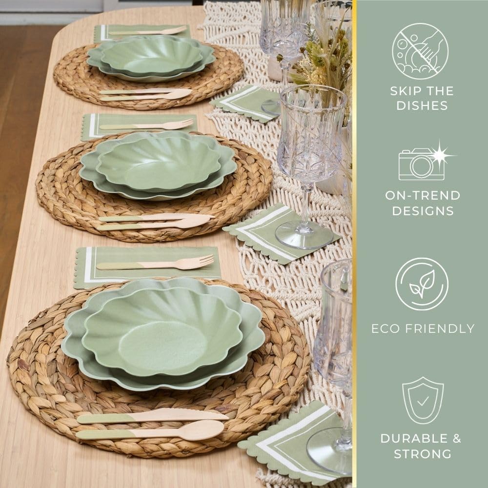 Sophistiplate Beautiful NEW Wavy Eco-Friendly Compostable Dinner Plates - Made of Bamboo Wood Fiber, and Sugarcane- biodegradable - 9.5 In, Sturdy & Heavy Duty - Pack of 8, Color Sage