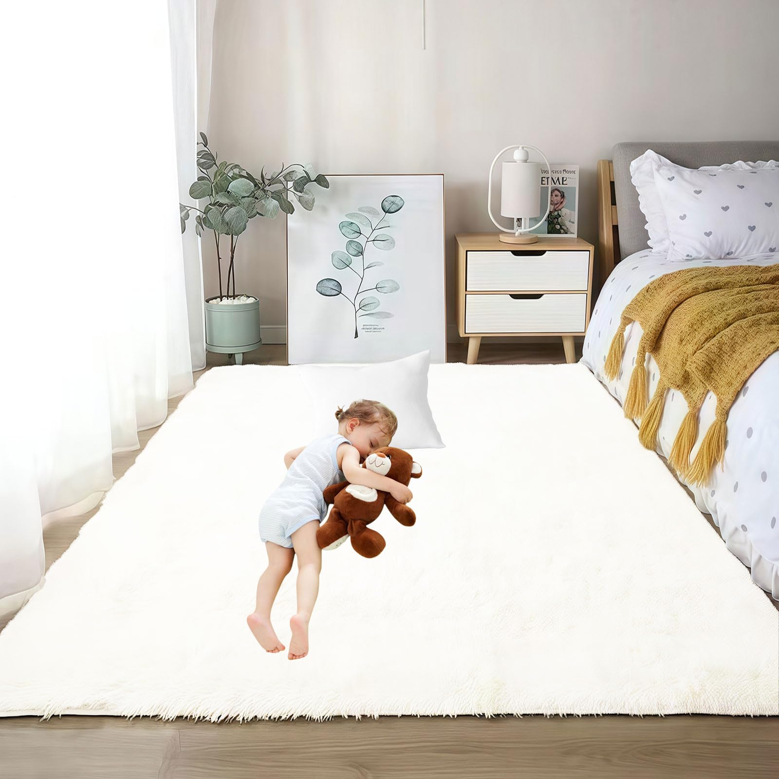 Tapis chambre shaggy 110 x 210 cm blanc pour créer un coin lecture cocooning dans le salon