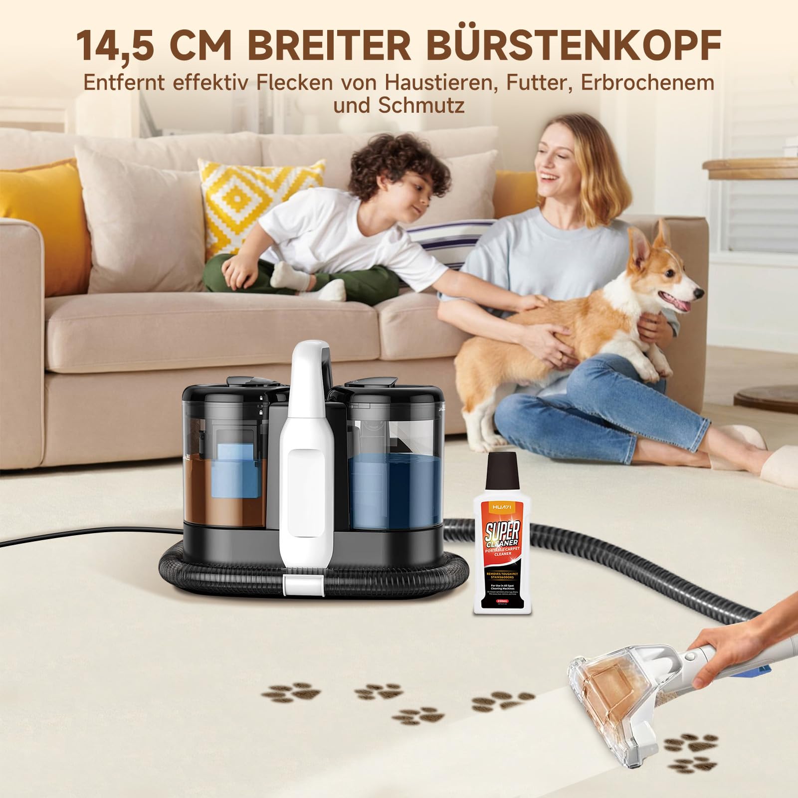 Polsterreiniger Gerät, Teppichreiniger Nasssauger mit 18kPa Saugkraft | 1,5L Frischwassertank, Fleckenreiniger für Sofa, Teppich, Auto & Haustiere, Doppeltank-System mit Sprühfunktion (Weiß)