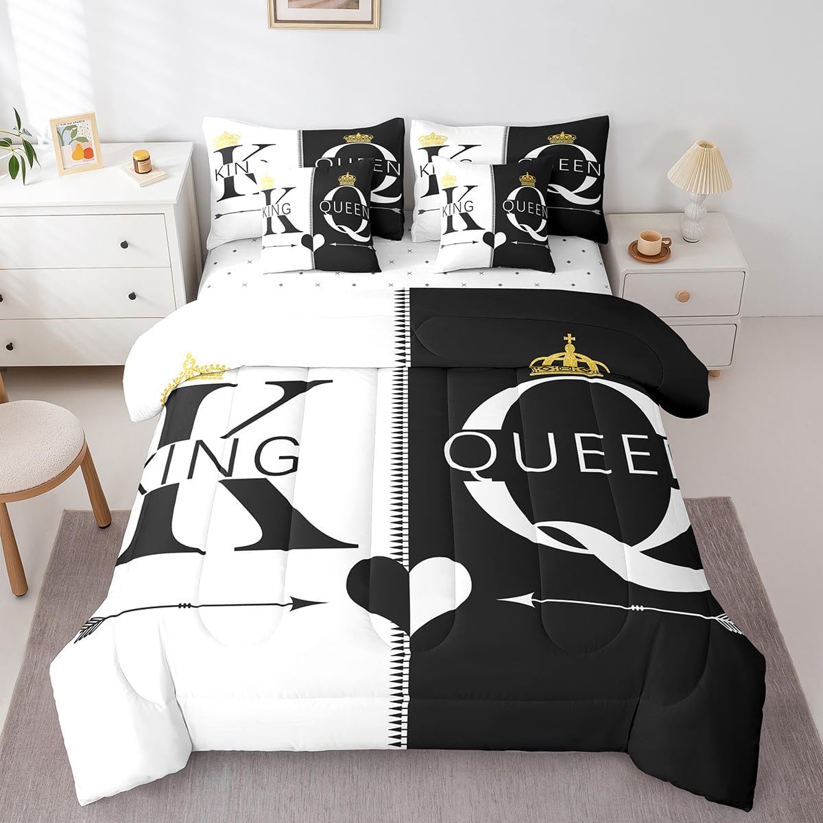 7 Pieces King and Queen Comforter Set Queen Size, Gold Crown Bedding Set for Lover Couple Adults Room Decor, Black and White Bed in a Bag with Comforter, Fitted Sheet, Top Sheet and Pillowcases