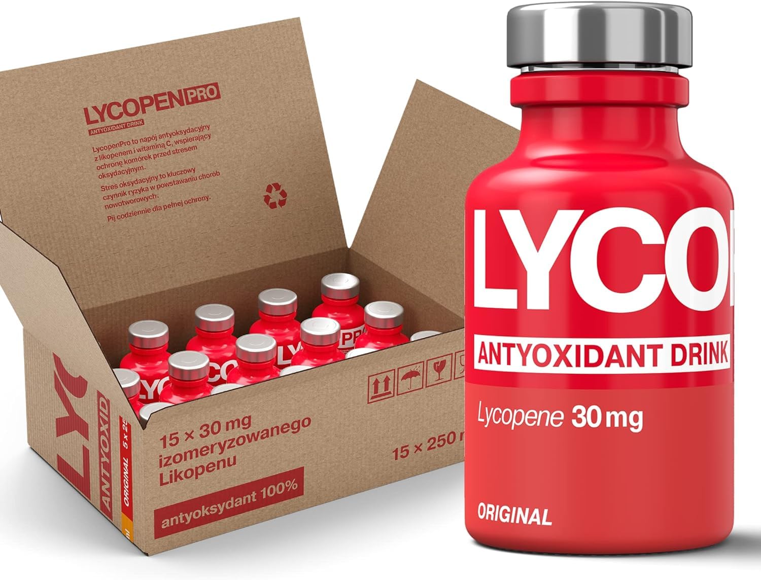 LycopenPRO 30mg Natural Lycopene Liquid Drink | Pack of 15 Bottles - 250ml | World's First Antioxidant Beverage | Vegan, Gluten-Free, Sugar-Free, Enriched with Vitamin C (Original)