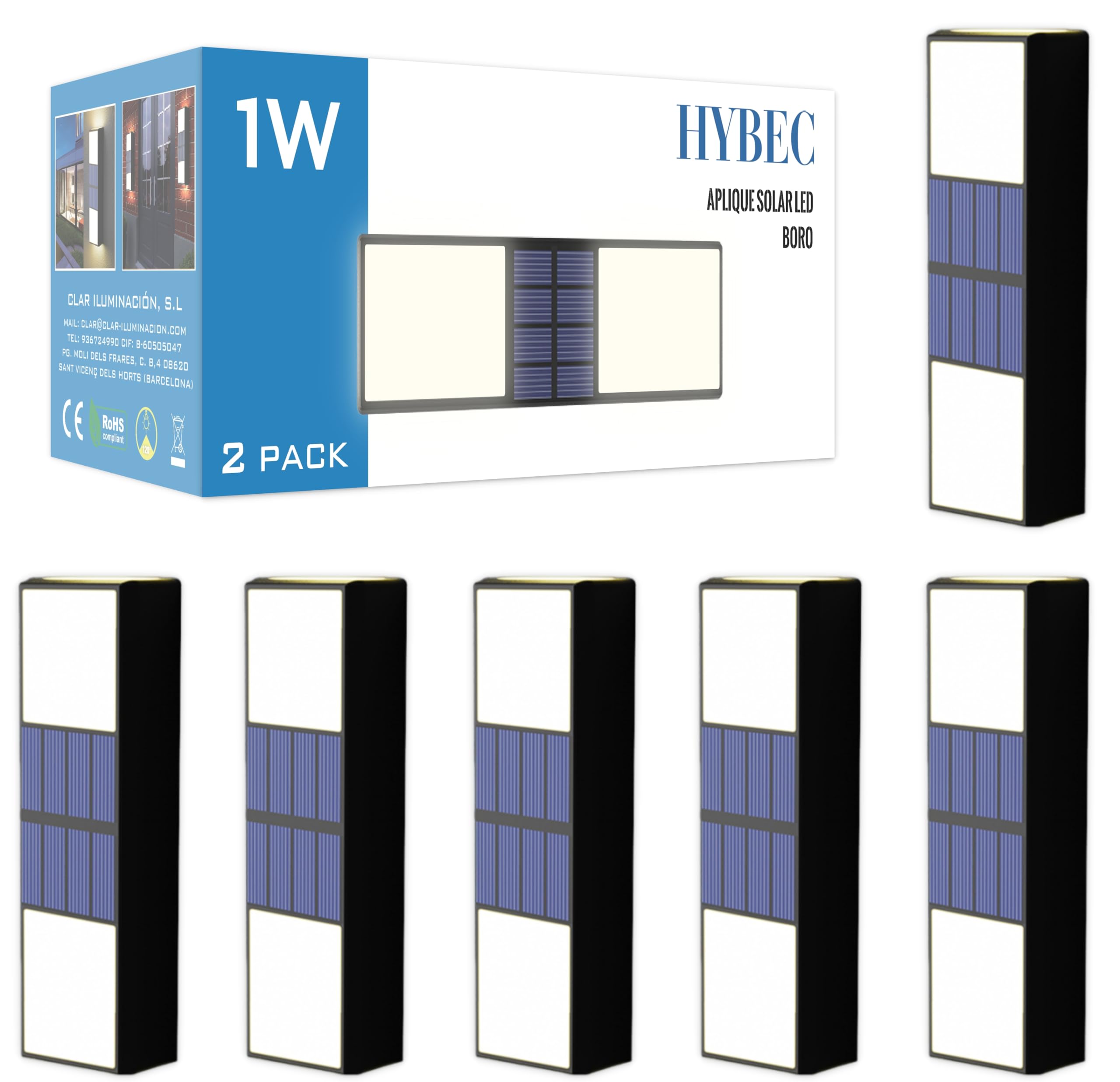 HYBEC - Aplique Solar Exterior Pared, Luz Solar Exterior Jardin, Luces Solares LED Exterior Jardin Pared, Luz Solar Exterior, Luces Solares Exterior, LED Solar Exterior, Solar Lights Outdoor (Pack 6)