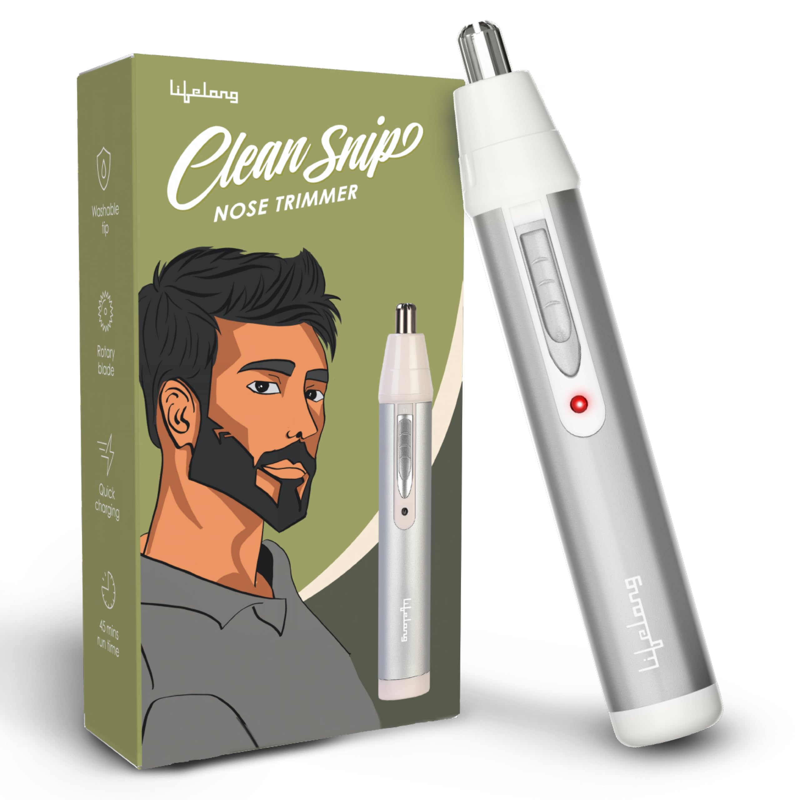 Lifelong Nose Hair Trimmer For Men | Professional Painless Battery-Operated Nose Hair Trimmer Men | Facial Hair Trimmer For Men Women, Easy To Clean | 40 Minutes Runtime | Stainless Steel (LLPCM03, Silver)
