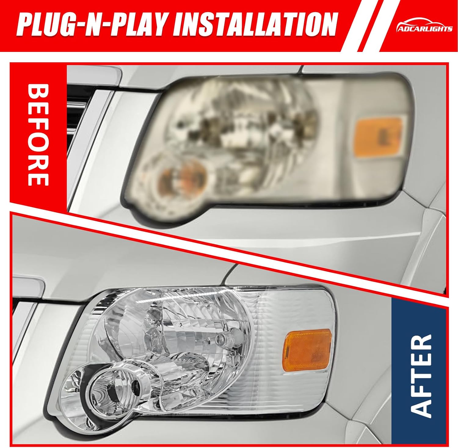 Headlights Compatible with 2006 2007 2008 2009 2010 Ford Explorer 2007-2010 Ford Explorer 4-Dr Sport Trac Chrome Housing with Amber Reflector Headlamp Driver And Passenger Side（W/O Bulbs）