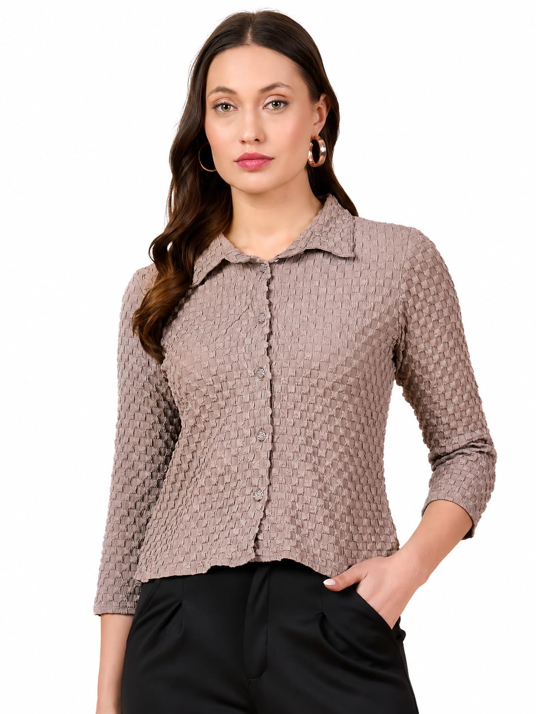 amazon brand - inkast Women Regular Botton Down Shirt | 3/4 Sleeve Top | Casual Shirt-picture-26