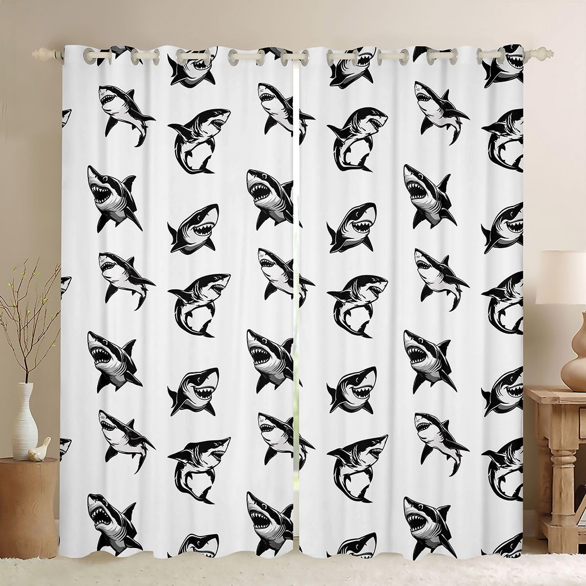 Homemissing Tende oscuranti con squalo in stile cartone animato, decorazione oceano, tende oscuranti per camera da letto, soggiorno, vita marina, isolamento termico, trattamenti per finestre