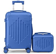 LEADZM Kofferset 2 teilig, Reisekoffer Set mit Kosmetikkoffer und Eckenschutz, Koffer Set Hartschalen-Trolley aus ABS mit Teleskopgriff, Handgepäck, Diamantförmige Vertikale Streifen (Flugblau)