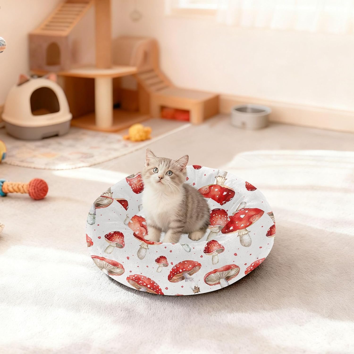 Pet Dog Bed Calming Anti Anxiety Fluffy Dog Pillow Bed for Extra Small Size Pets Supplies M Red Mushrooms