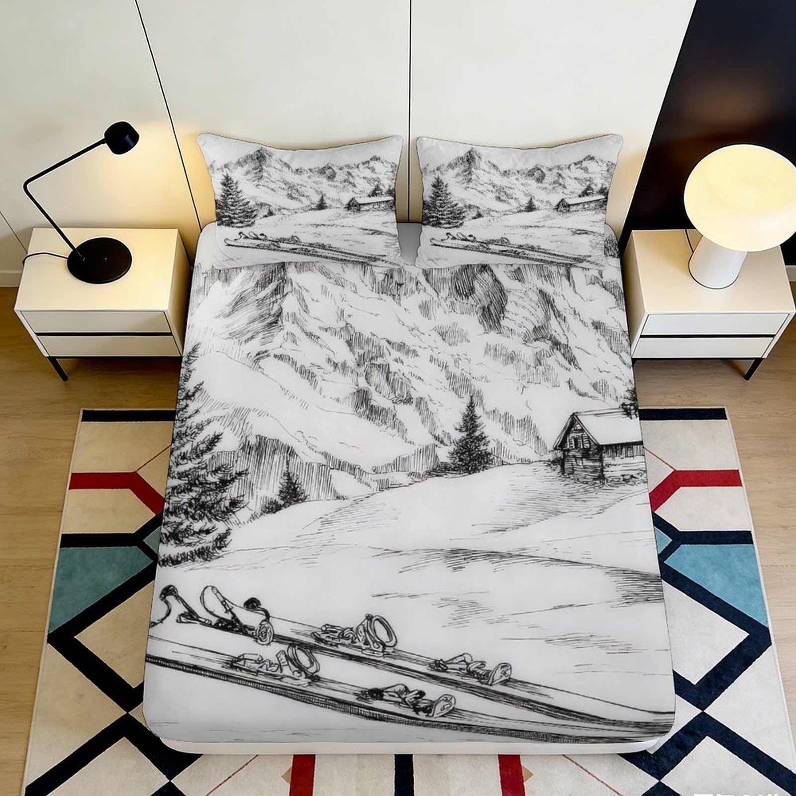 3D Printed Mountain Landscape Fitted Sheet Microfiber Soft Breathable Ski Design Mattress Cover for Bedroom Dormitory Guest Room Protection Decor 90x200x25cm
