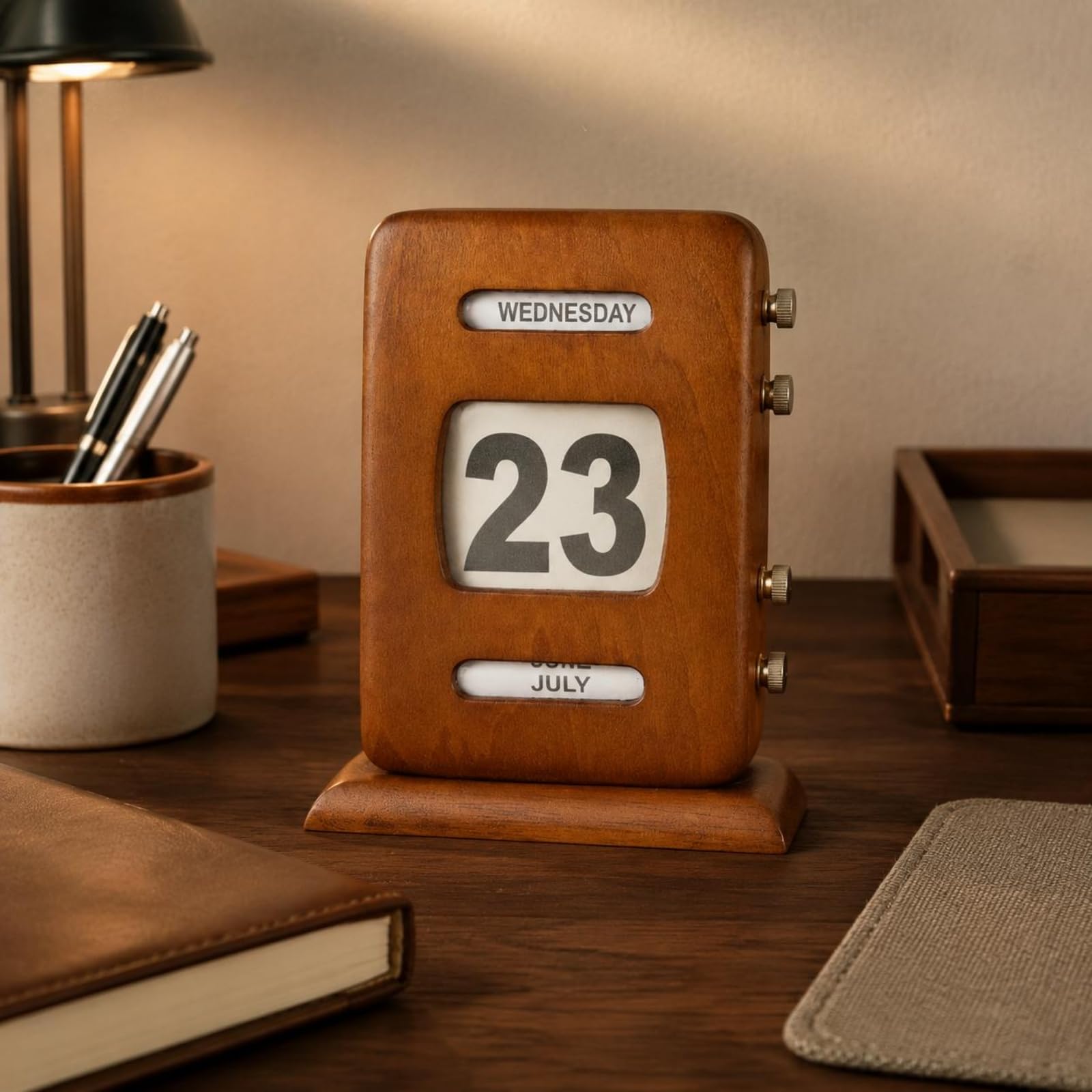 Calendario da Tavolo Legno Vintage Espositore Data Completa Artigianato Quercia Facile Regolazione Manuale Adatto per Scrivania Lettura