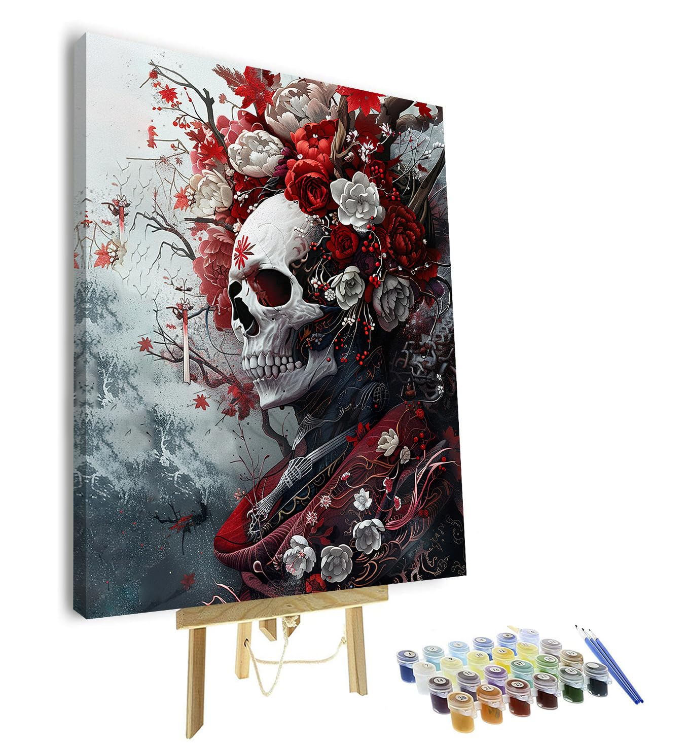 TISHIRON Malen nach Zahlen für Erwachsene, Totenkopf mit roten Blumen Malen nach Zahlen für Erwachsene, 16x20 Inch Ölgemälde-Set als Geschenk für Kinder(Gerahmt)