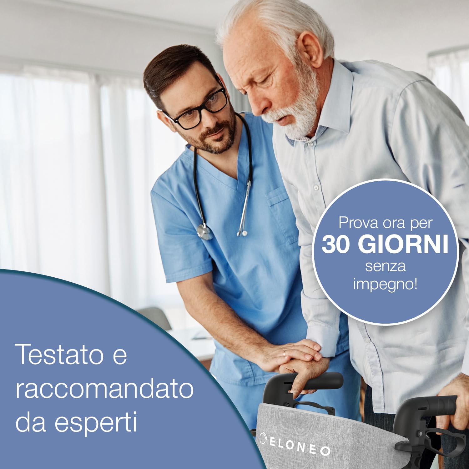 ELONEO Sedia a Rotelle Rollator 2 in 1 Pieghevole e Leggero con Seduta, Rollator da Esterno Pieghevole e Leggero per Tutti i Terreni, Deambulatore in Alluminio, Sedia a Rotelle da Trasporto, argento