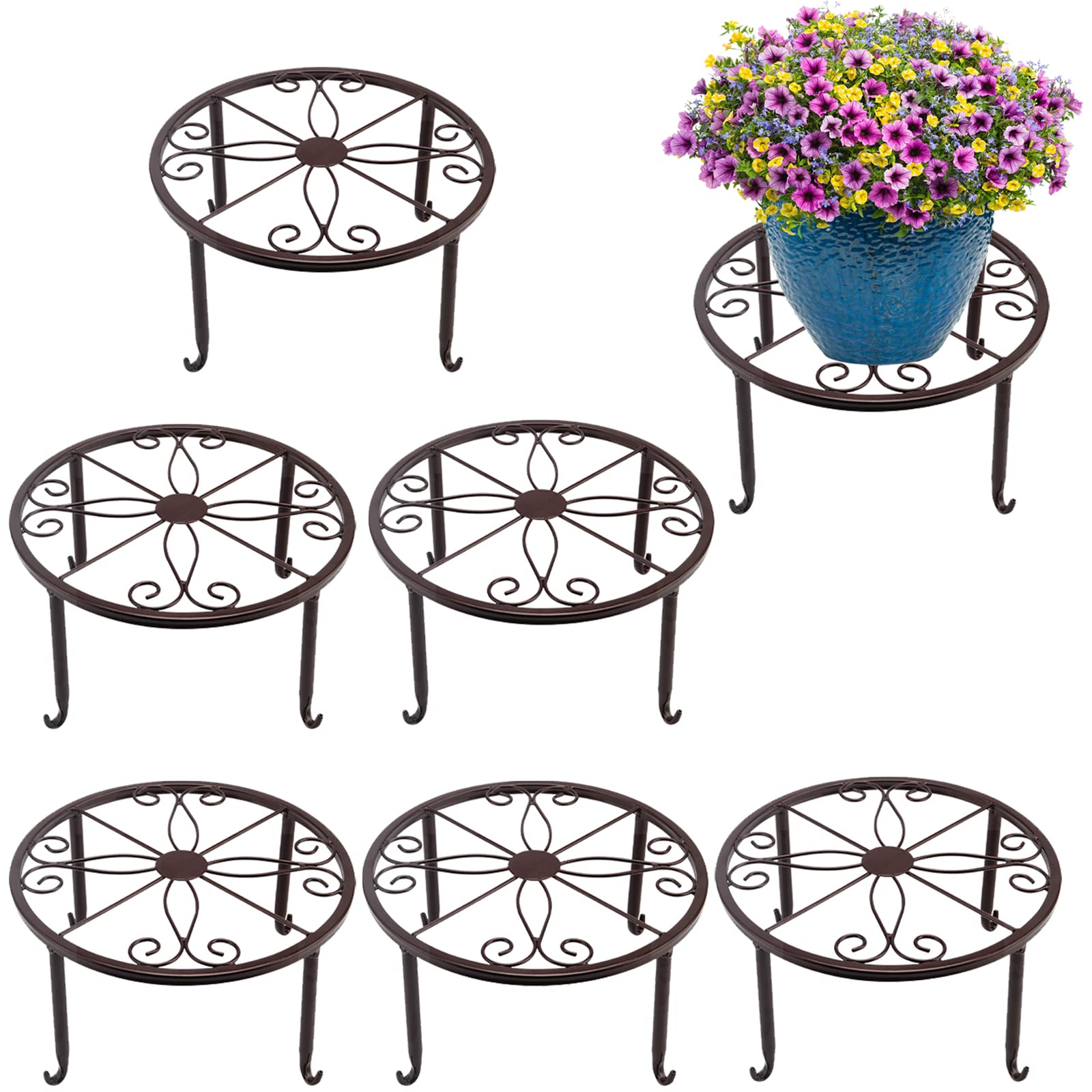 Lot de 6 Supports Porte Plante Interieur en Métal Bronze, Tabouret Plante pour Pots de Fleurs 24 cm, Intérieur et Extérieur