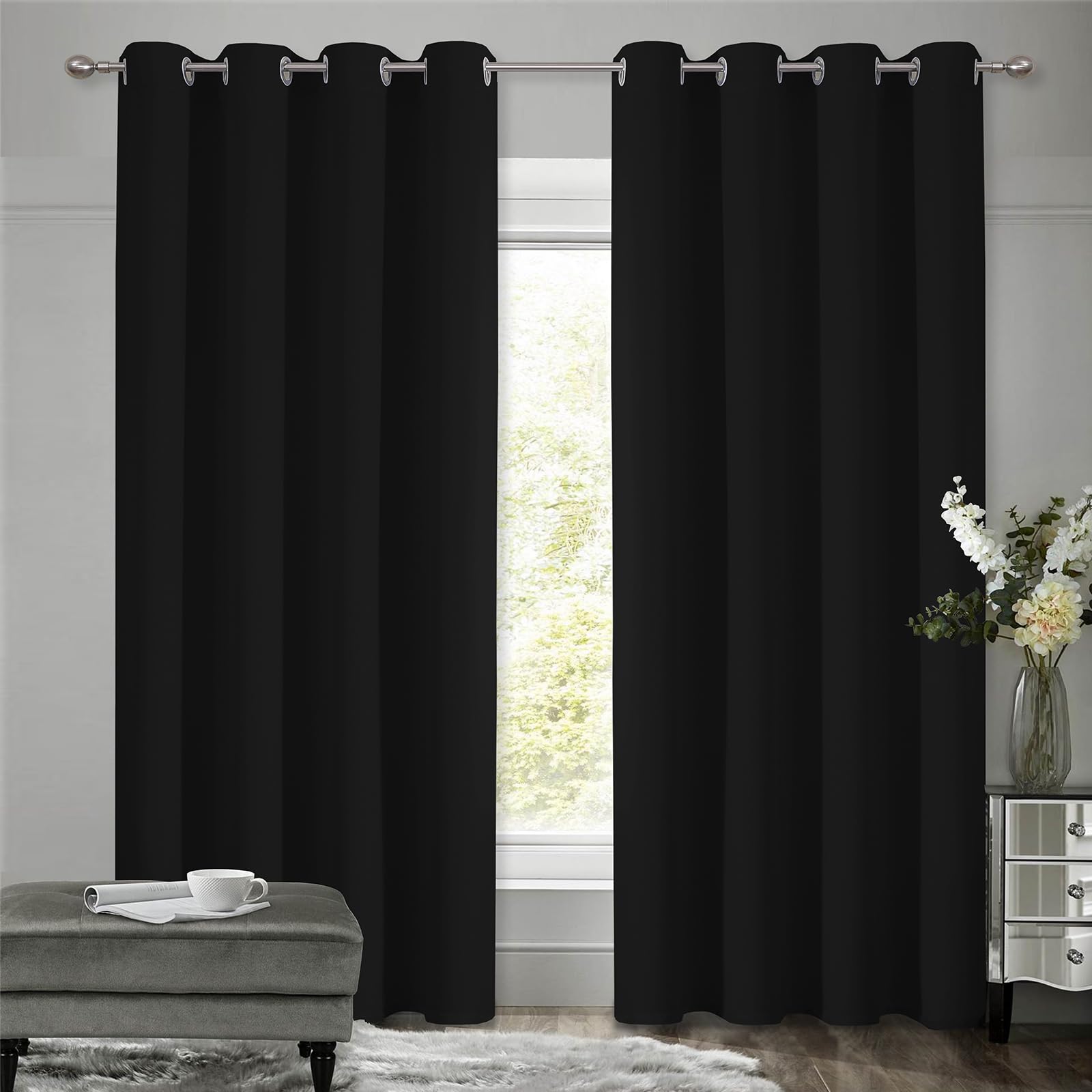 VEHEDE Verdunklungsvorhänge Gardinen mit Ösen Wohnzimmer 160 cm Hoch, Vorhänge Thermovorhänge Blickdicht Dicke Thermogardine Kälteschutz warm Hitzeschutz, H 160 x B 117 cm, Schwarz, 2er Set