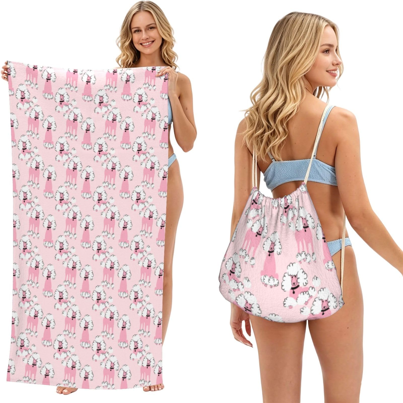 Poadnly As Picture Doodle Poodle, 2 In 1 Packable Towel Bag, Beach Towels With Drawstring Backpack For Travel Holiday Camping