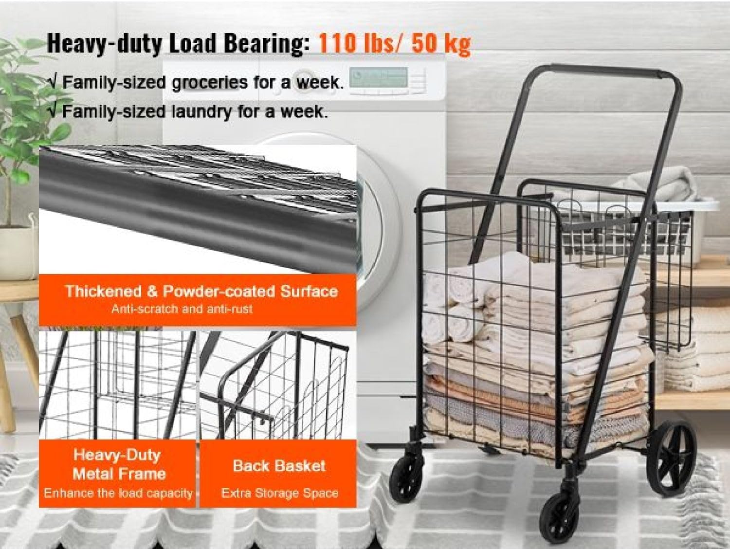 Folding Shopping Cart with 110 LBS Capacity - Double Baskets, 360° Swivel Wheels, Heavy-Duty Metal Frame