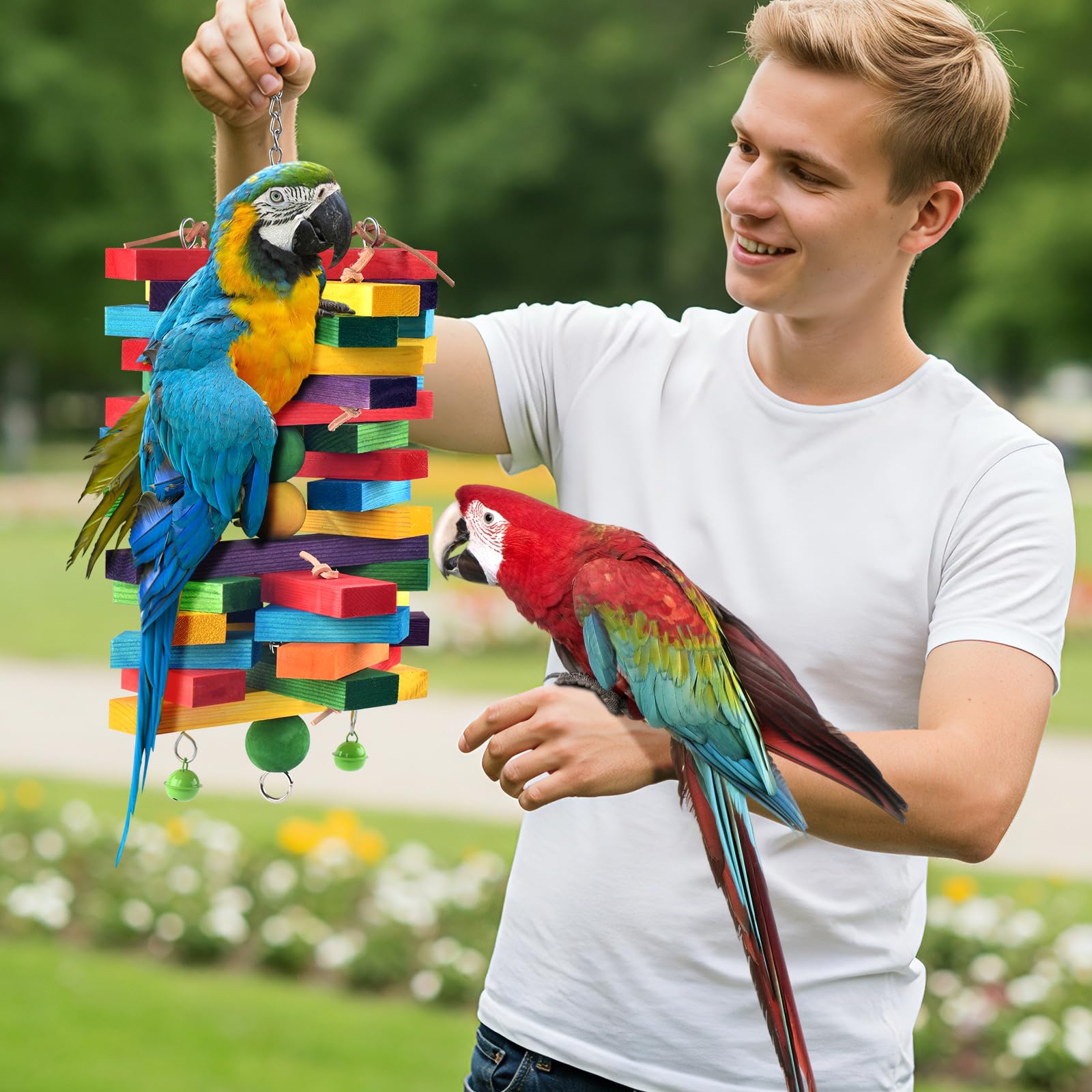 ERKOON Extra großes Vogelspielzeug für Papageien, afrikanisches Grau, Amazon-Papageien, mehrfarbig, natürliche Holzblöcke, Papageien-Kauspielzeug, Vogelkäfig-Zubehör
