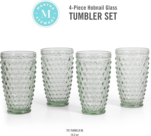 Miniatura 2 de Martha Stewart Chauncey - Paquete de 4 vasos de vidrio Hobnail de 14.3 onzas, vasos verdes hechos a mano, tazas de agua con textura vintage para