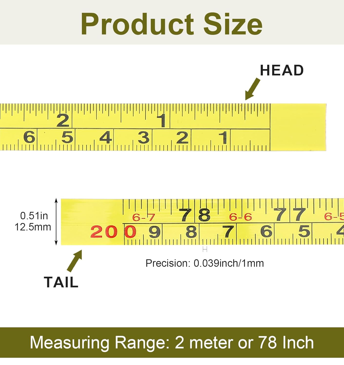 2 Pack Adhesive Tape Measure, Self-Adhesive Measuring Tape 78-Inch / 200Cm with 1/2-Inch Marks, Right-to-Left Reading for Woodworking, Saw, Drafting Table (Yellow)