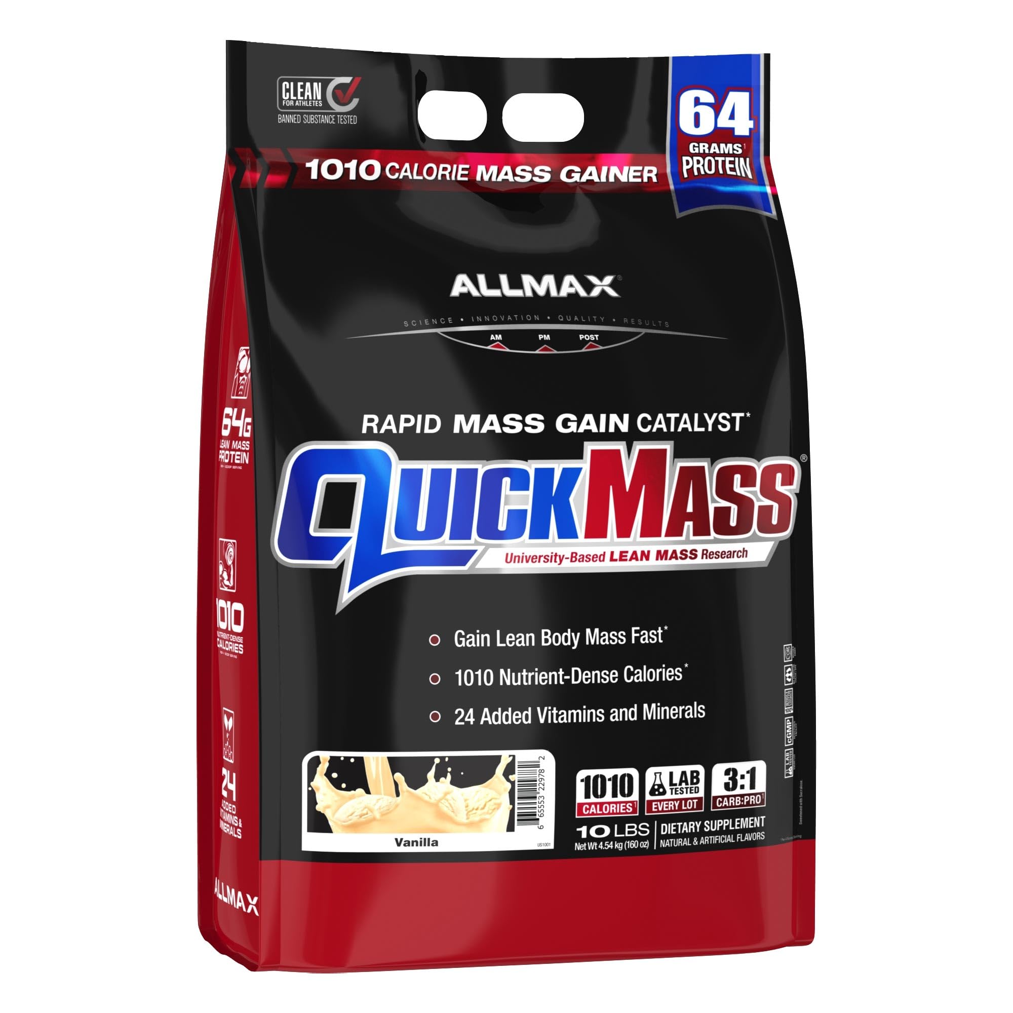 ALLMAX QUICKMASS Mass Gainer Powder, Vanilla, 10 lb | Supports Lean Muscle Growth, Enhances Recovery, 64g Protein, 1,010 Calo