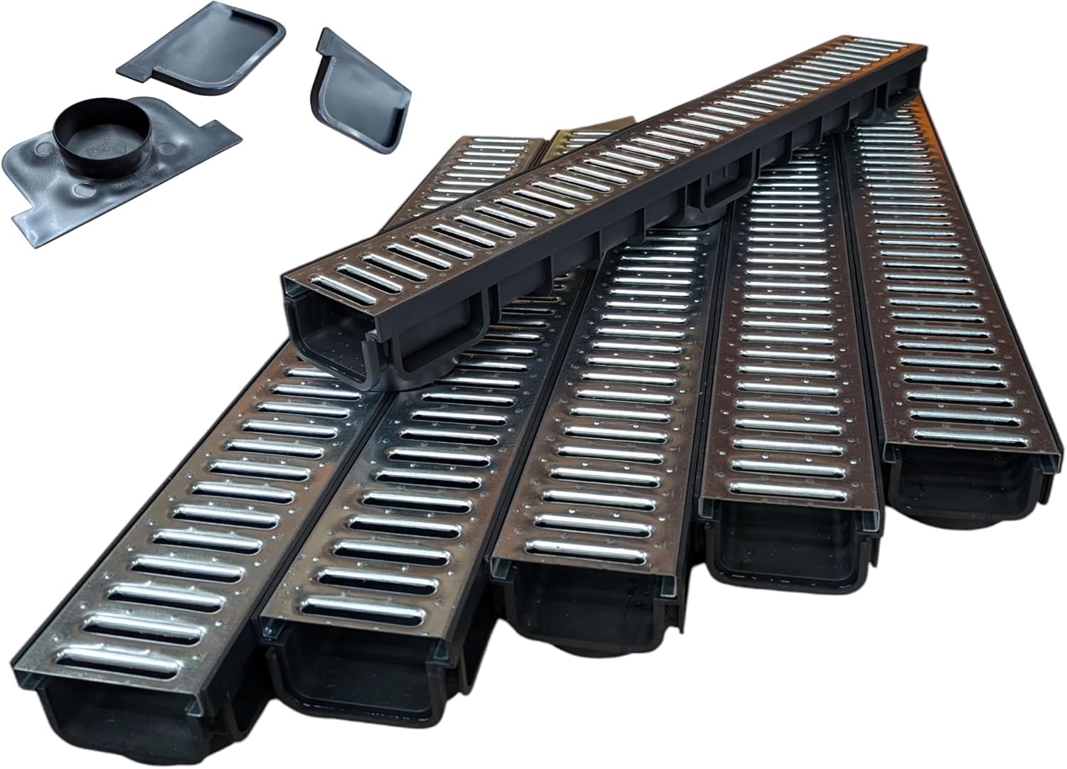 Aston Building Supplies Ltd Black Aston Drainage Channel Driveway & Patios 6Mtr Galvanised Steel Grating + Free Accessories (6 Drainage Channel)