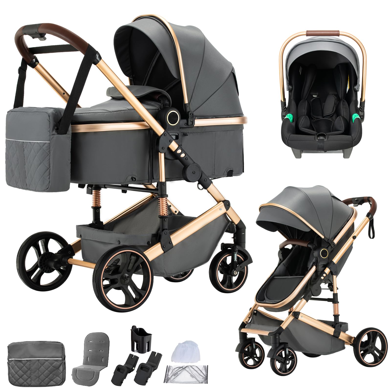 BEBBY Poussettes 3 en 1 Combinées Poussette Poussettes Combinée Portable Poussette Canne Paysage Haut Cadre en Aluminium Nouveau-né 0-36 (H9-DARK GREY, H9-Pliage en un clic)