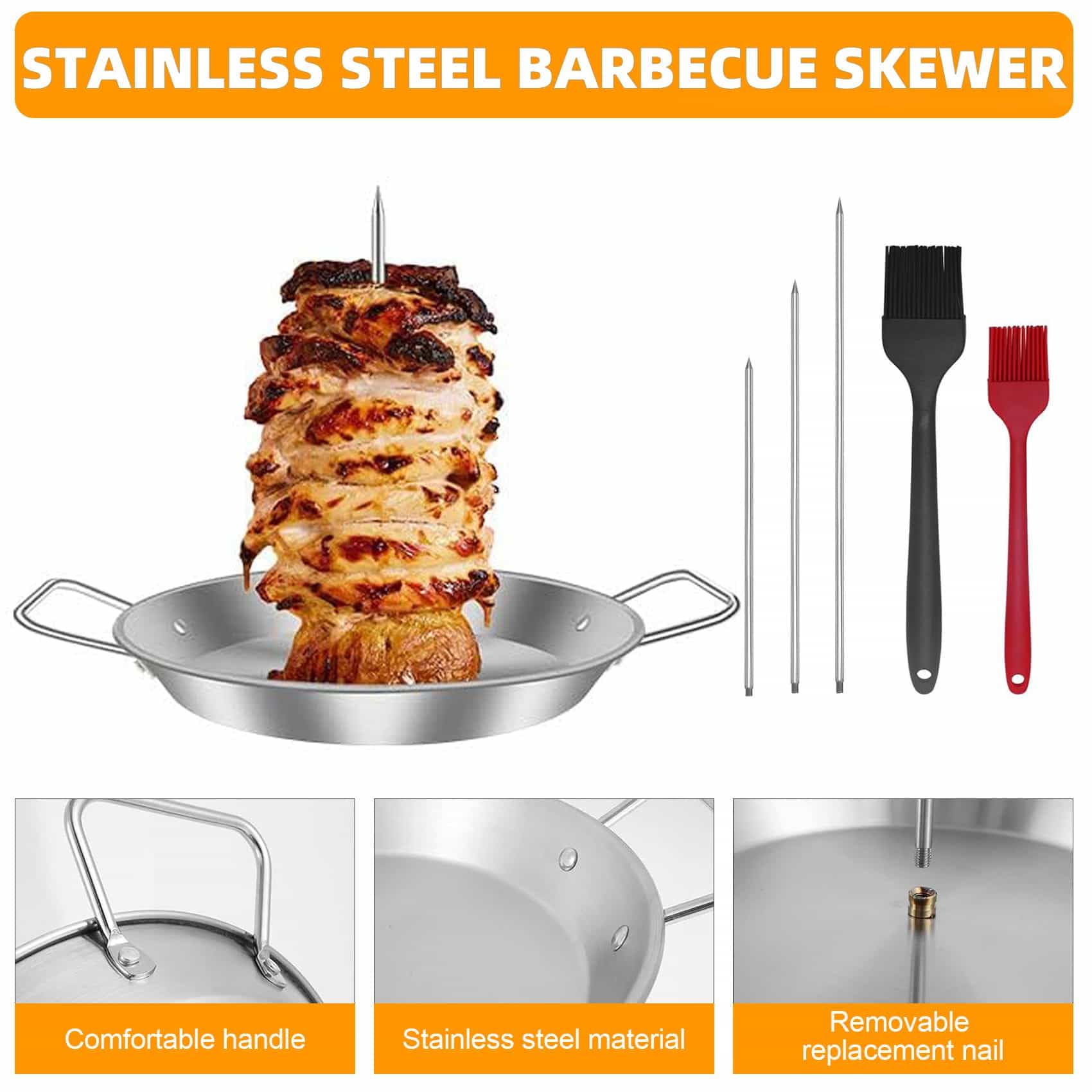 Vertical Meat Skewer Stainless Steel Vertical Skewer Grill Rack Stand with 2 Brushes and 3 Removable Sizes (8, 10, and 12-inch) - Image 3