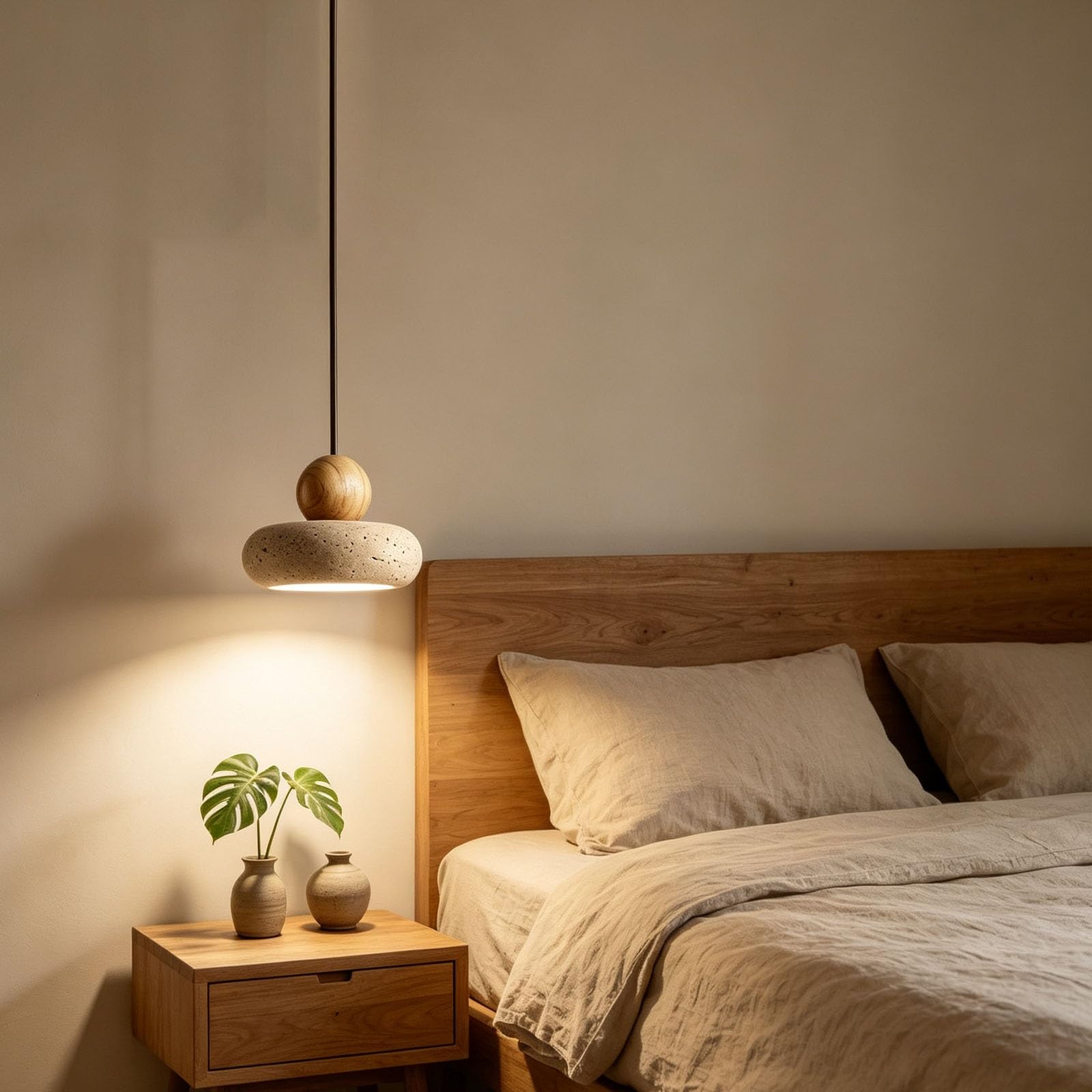 Hängeleuchte im japanischen Stil, rustikale Steinholzlampe for Esszimmer | Handgefertigte Hängevorrichtung mit walnussfarbenen Details for die Inneneinrichtung von Kücheninseln(Warm,Natural)