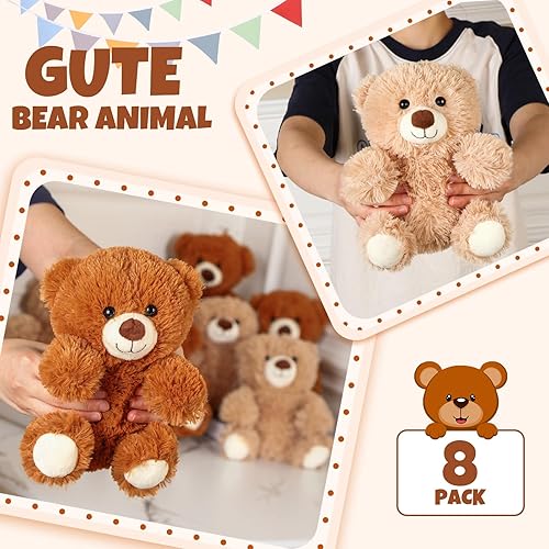Miniatura 9 de 8 piezas de oso de peluche de 10 pulgadas a granel, suave y lindo oso marrón, juguetes de peluche, regalo para niñas, niños, fiesta de cumpleaños,