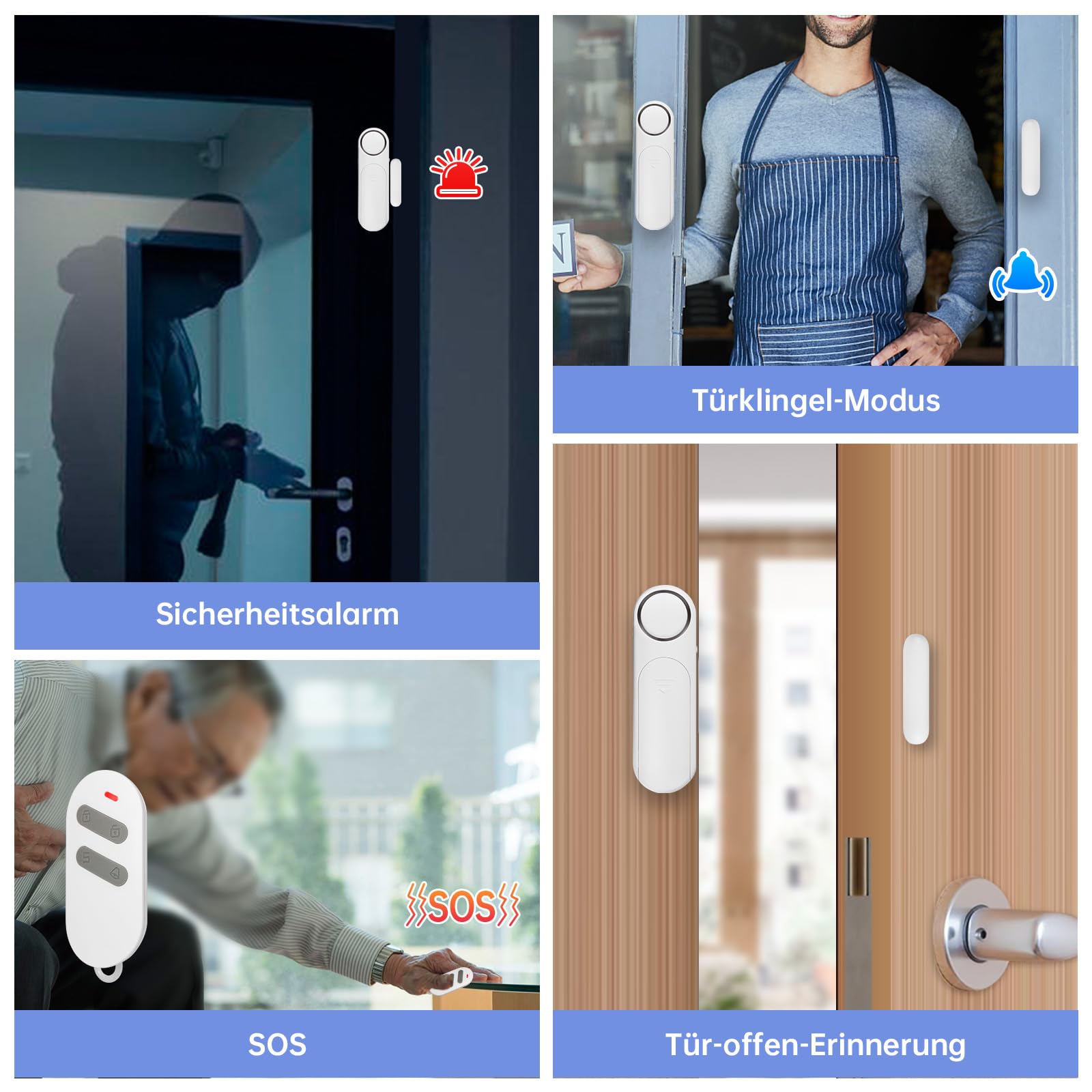 TOWODE Alarmanlage Haus & Wohnung - 3er Set Tür- und Fensteralarm mit Fernbedienung, 120dB Lauter Einbruchschutz, Kabelloser Türsensor & Fenstersensor, Kindersicherung, 3 Modi & SOS-Funktion