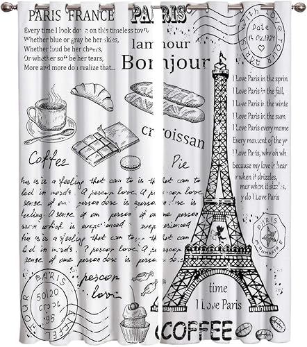 Blackout Curtains Thermal Insulated Black White Paris Tower Solid Pattern Metal Grommet Elegant Room Drapes Window Curtain for Bedroom Living Room