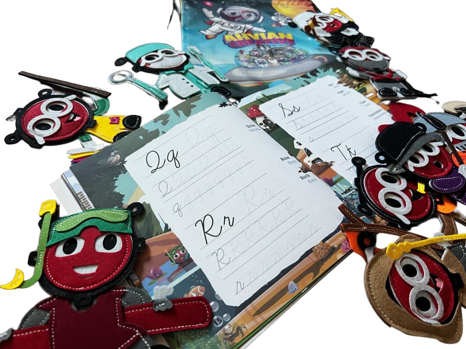 Learning Bundle for Kids: Bilingual Caligraphy Book (AhvianTheCreative Cursive) + Finger Puppets of Book Characters (Washable, Sensorial) + String Bag