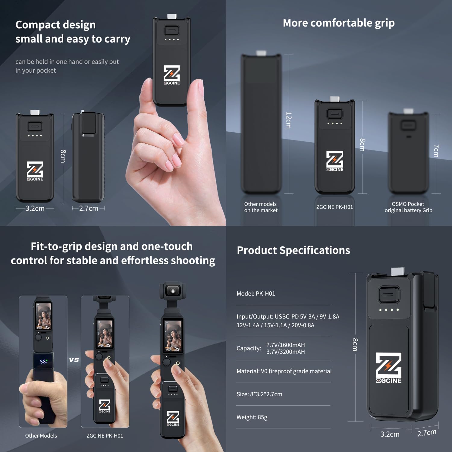 Pocket 3 Camera Grip 3200mAh Quick Charge LCD Display - Dettaglio