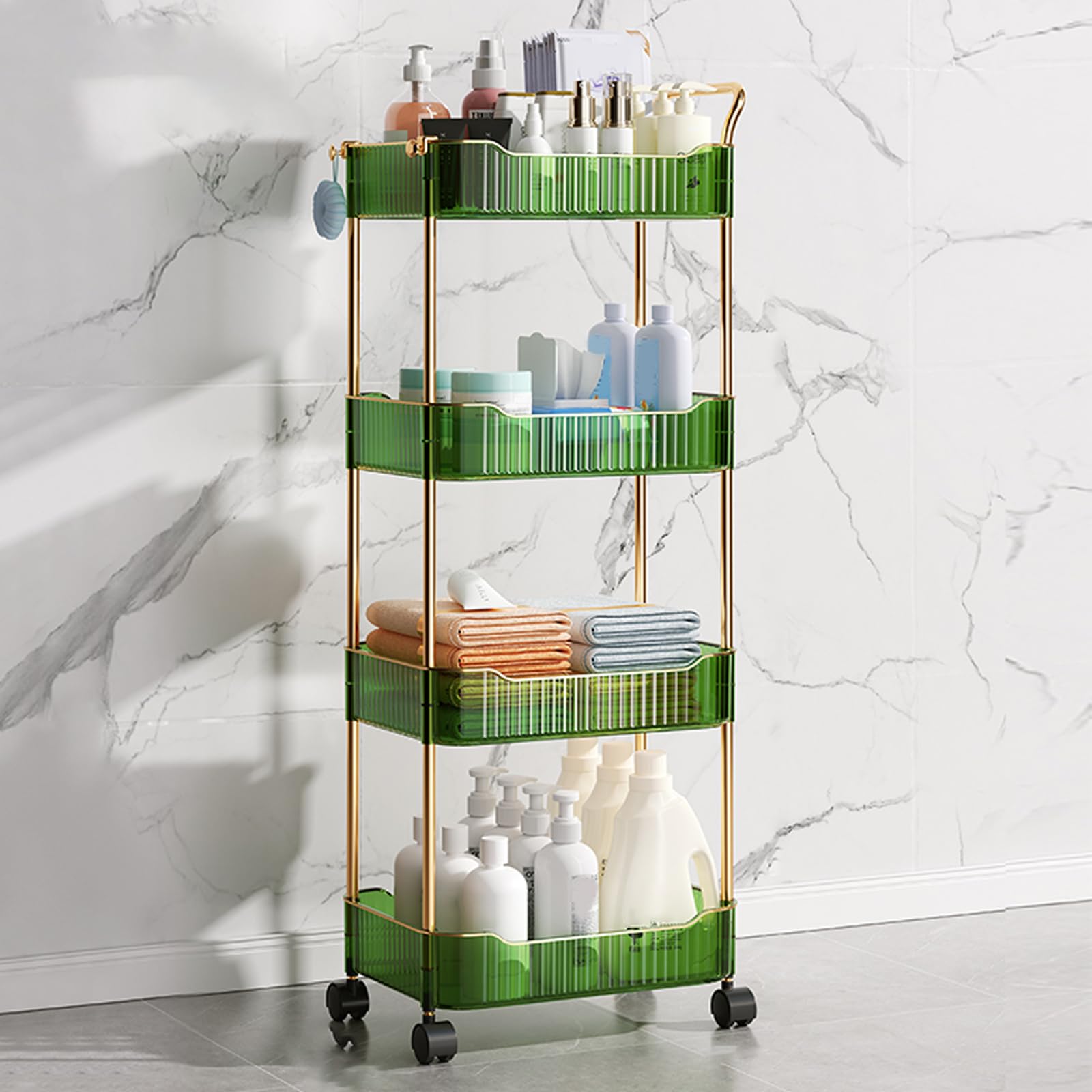 asdchZen Utility Trolley Cart With Shelves - Lockable Wheels Handle Acrylic Mobile Shelving Unit For Kitchen & Bathroom Nization Rolling Storage Solution For Home