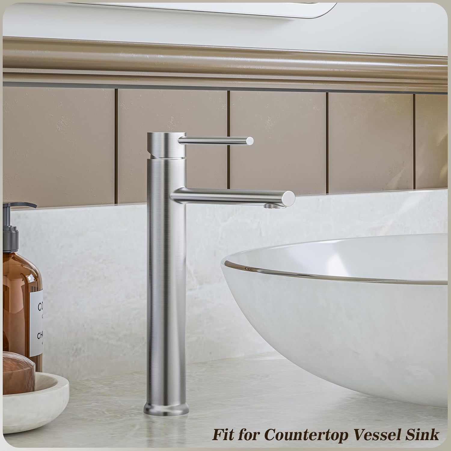 Phiestina Brushed Nickel Vessel Sink Faucet, Tall Bathroom Faucets 1 Hole Single Handle Above Counter Sink Bathroom Faucet, with Pop Up Drain and Water Supply Line,NS-SF03-V-BN - Image 2