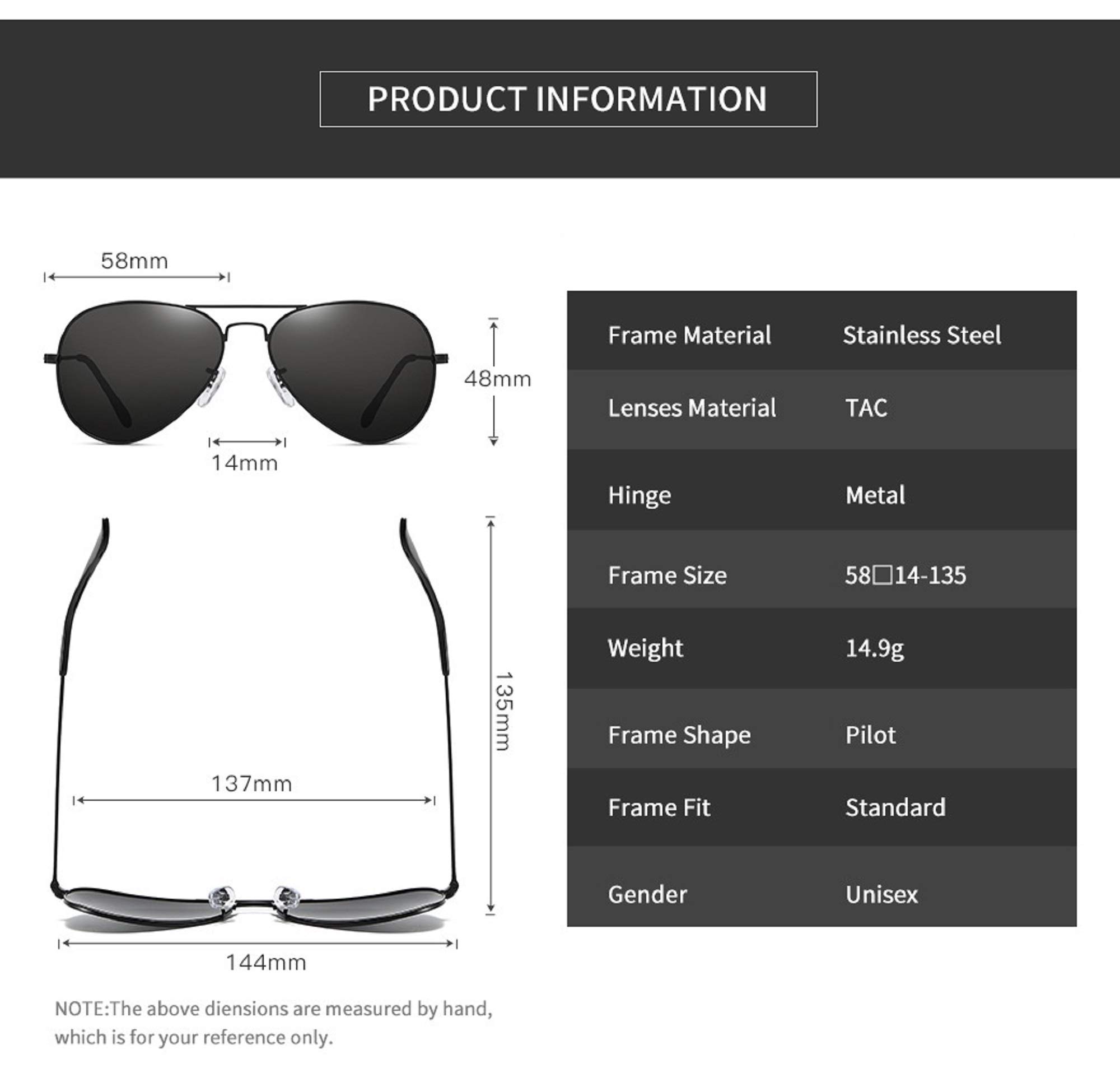 AUGEN Gafas de sol unisex polarizadas clásicas de aviador con marco plateado y lentes negras, Plateado/Negro, Medium