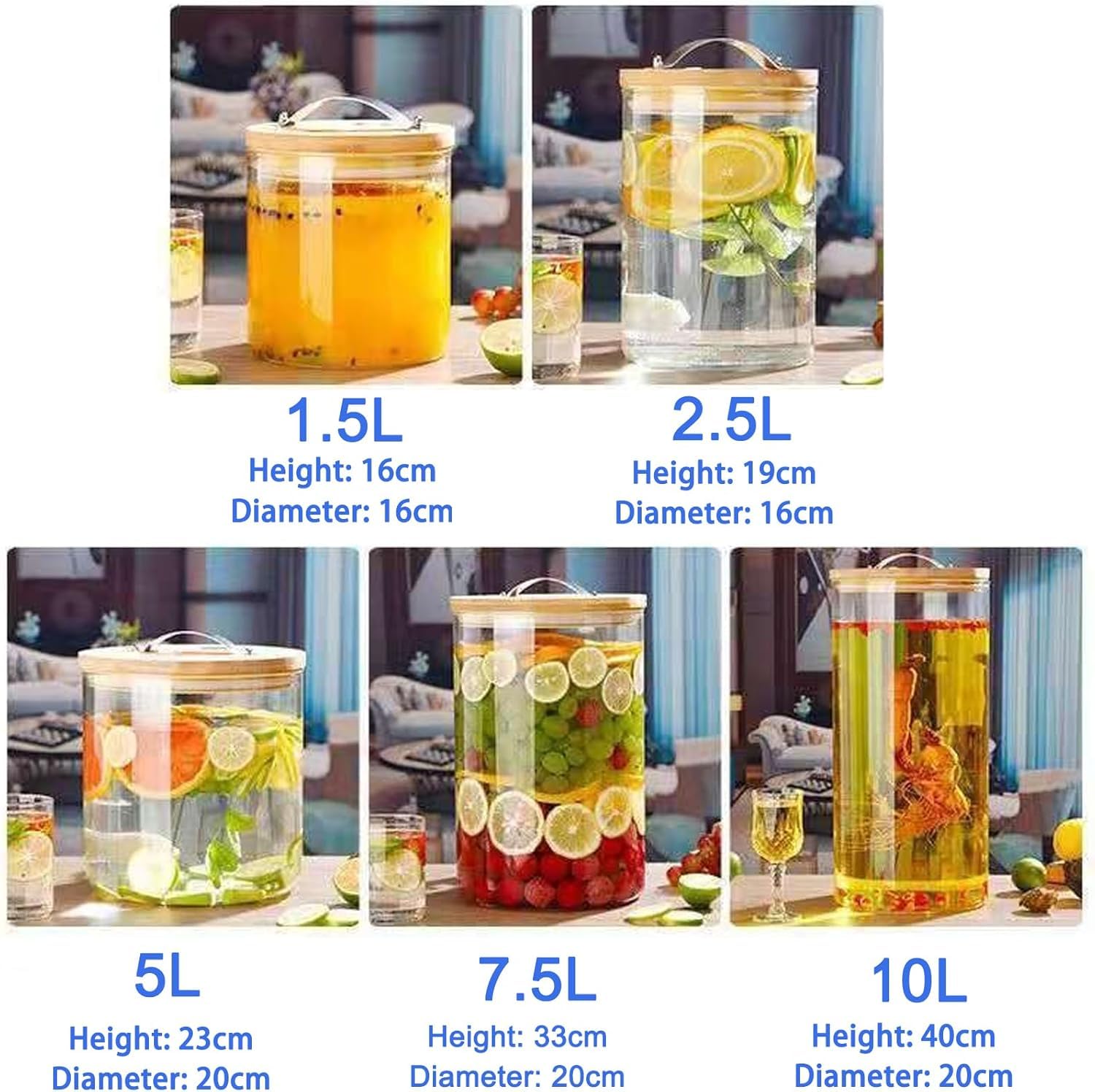 Dispensador de bebidas de vidrio con grifo y soporte de madera, dispensador de bebidas de jugo de 10 L para fiestas y eventos
