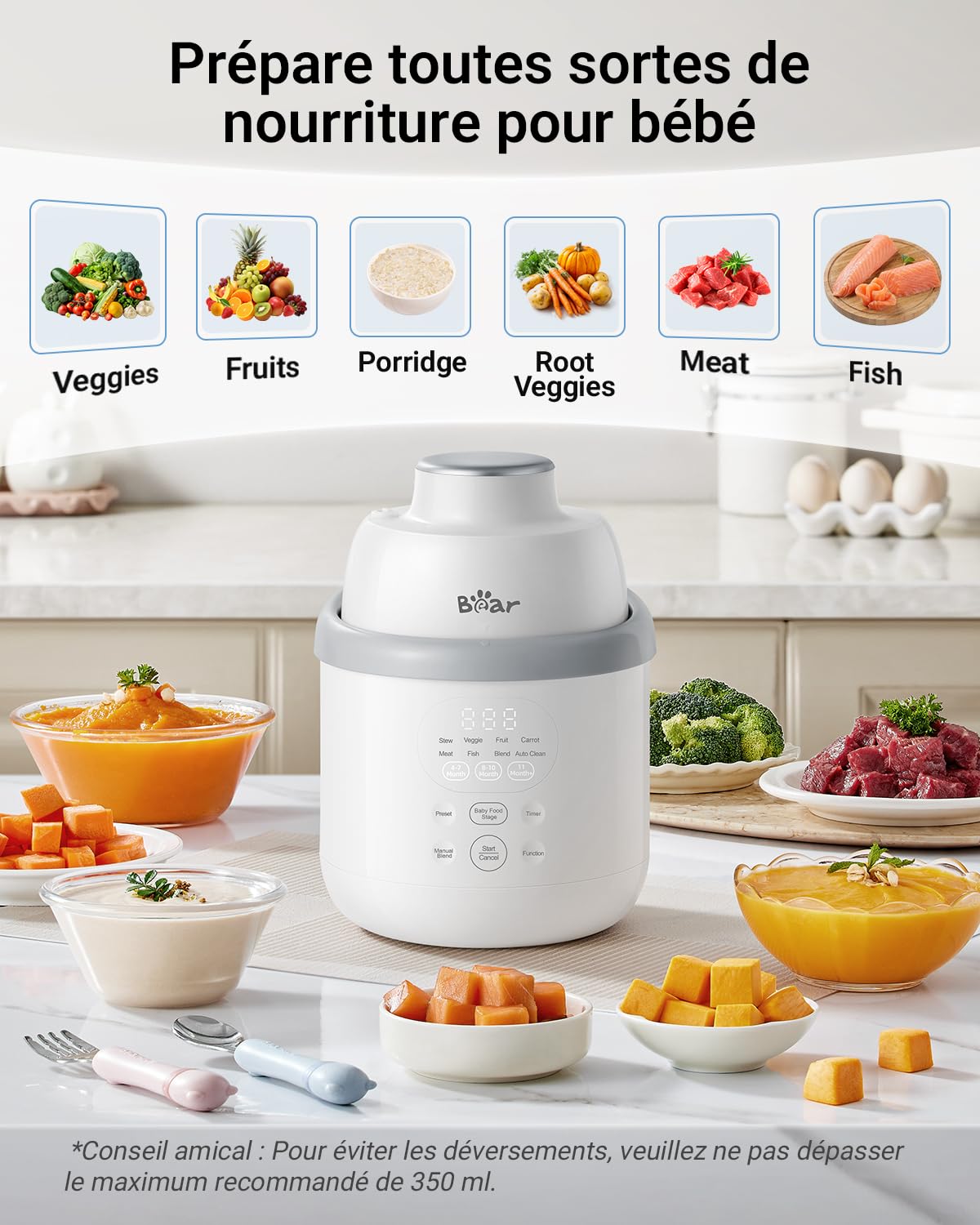 Bear Robot Cuiseur Bébé Multifonctions 10 en 1 NutriEase AllStage en Acier Inoxydable, Cuiseur Vapeur Mixeur OneStep, Cuisson et Mixage Automatiques pour une Alimentation Bébé Maison Saine, Sans BPA