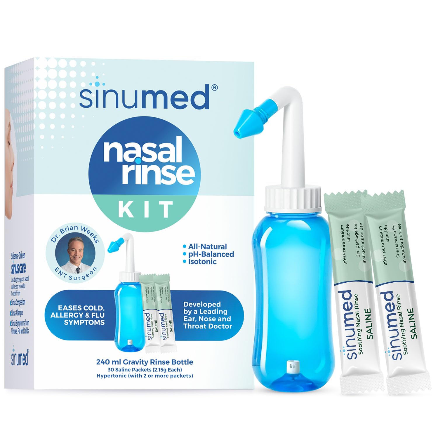 SinuMed Sinus Rinse, 30PK Nasal Rinse Packets with Saline, Gravity Bottle, Alternative to Neti Pot, Helps with Allergy, Congestion, Cold Symptoms