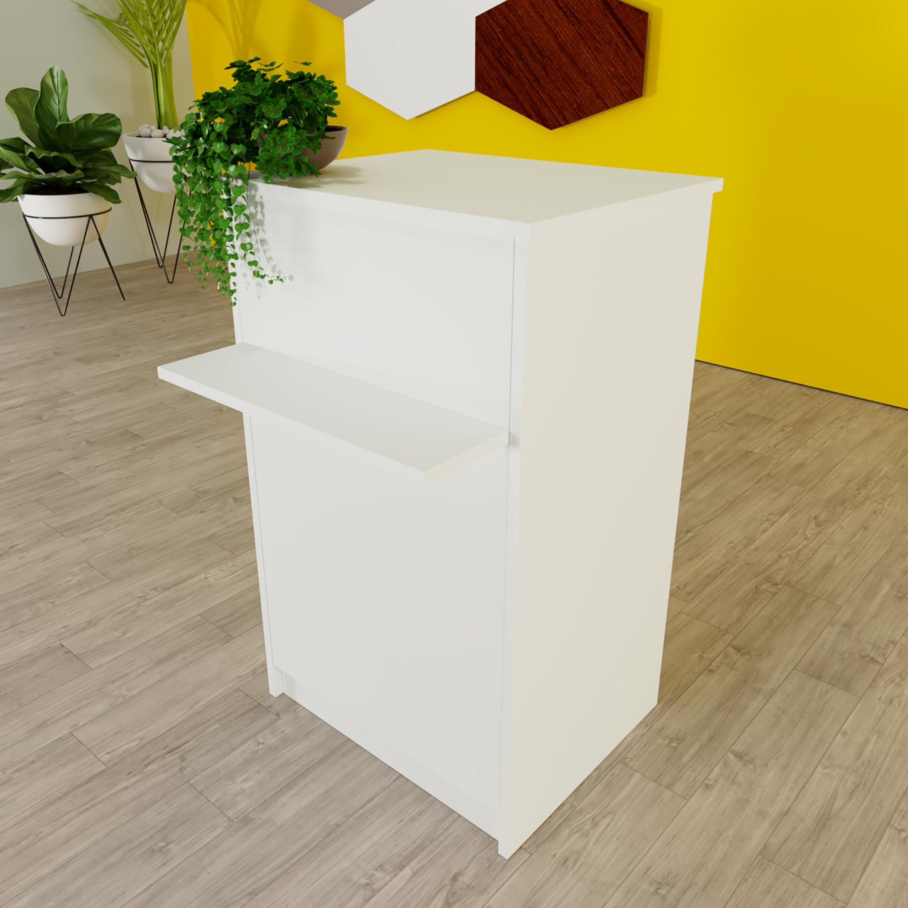 Henor Comptoir EGA roulettes. 62 x 50/65 x 102 cm. 4 roulettes Pivot et Frein Max 135kg. Ideal Bureau. Commerce. Clinique. Blanc.