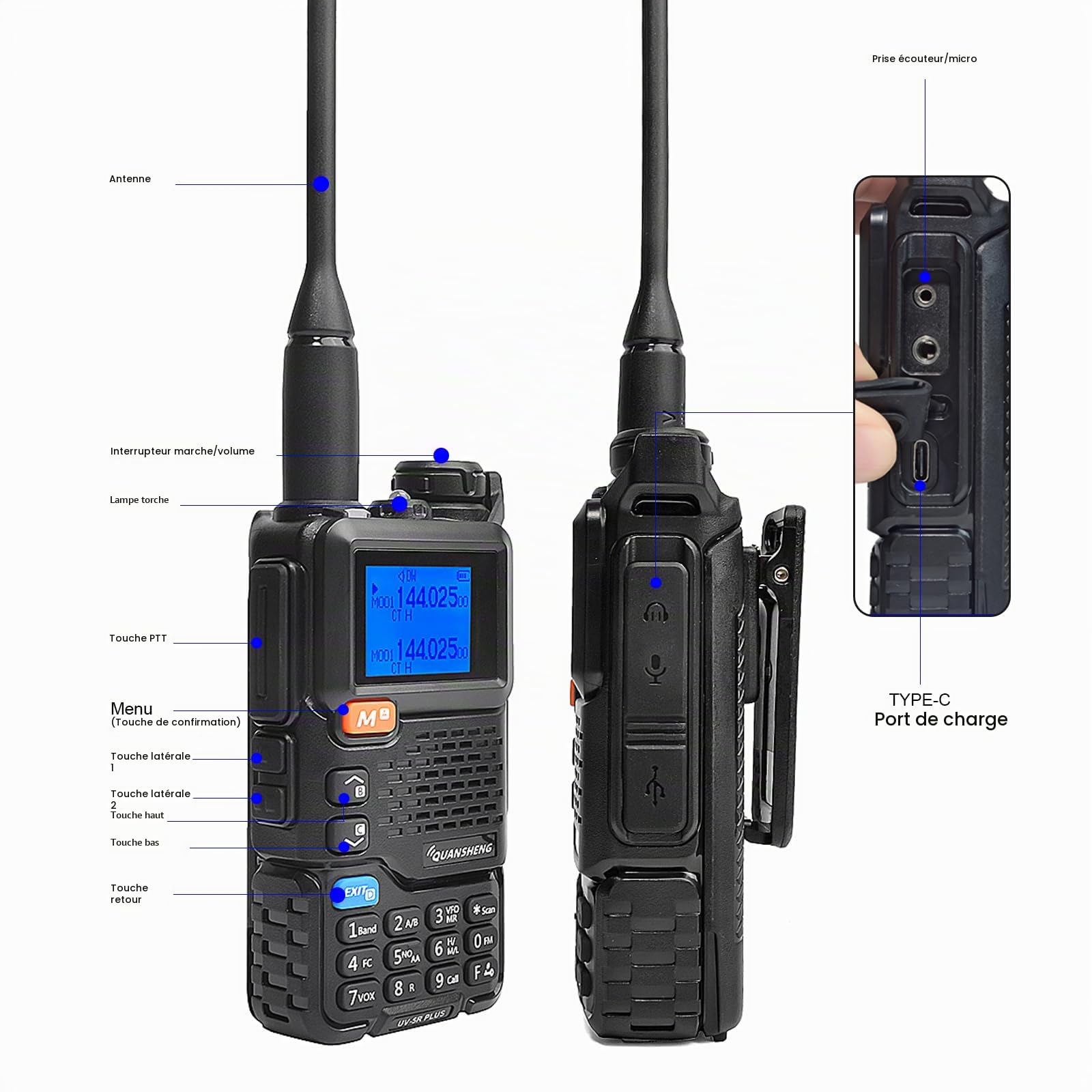 Quansheng UV5R Plus VHF UHF Portable Walkie Talkie | FM NOAA Radio bidirectionnelle pour Studio/extérieur/Voiture (avec tube transparent oreillett)